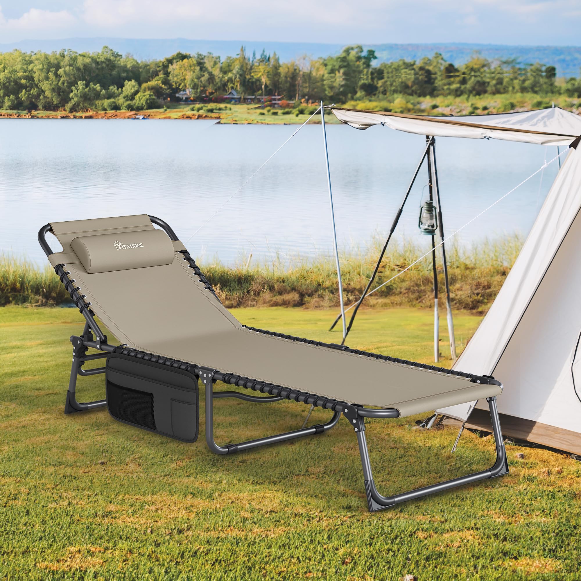 YITAHOME Tumbona Plegable Playa 190x60x31cm, Tumbonas Jardin Exterior 4 Posiciones Ajustables, Tumbonas Piscina con Reposacabezas y Bolsillo Lateral Carga de 300lbs para Jardín, Playa, Camping, Caqui