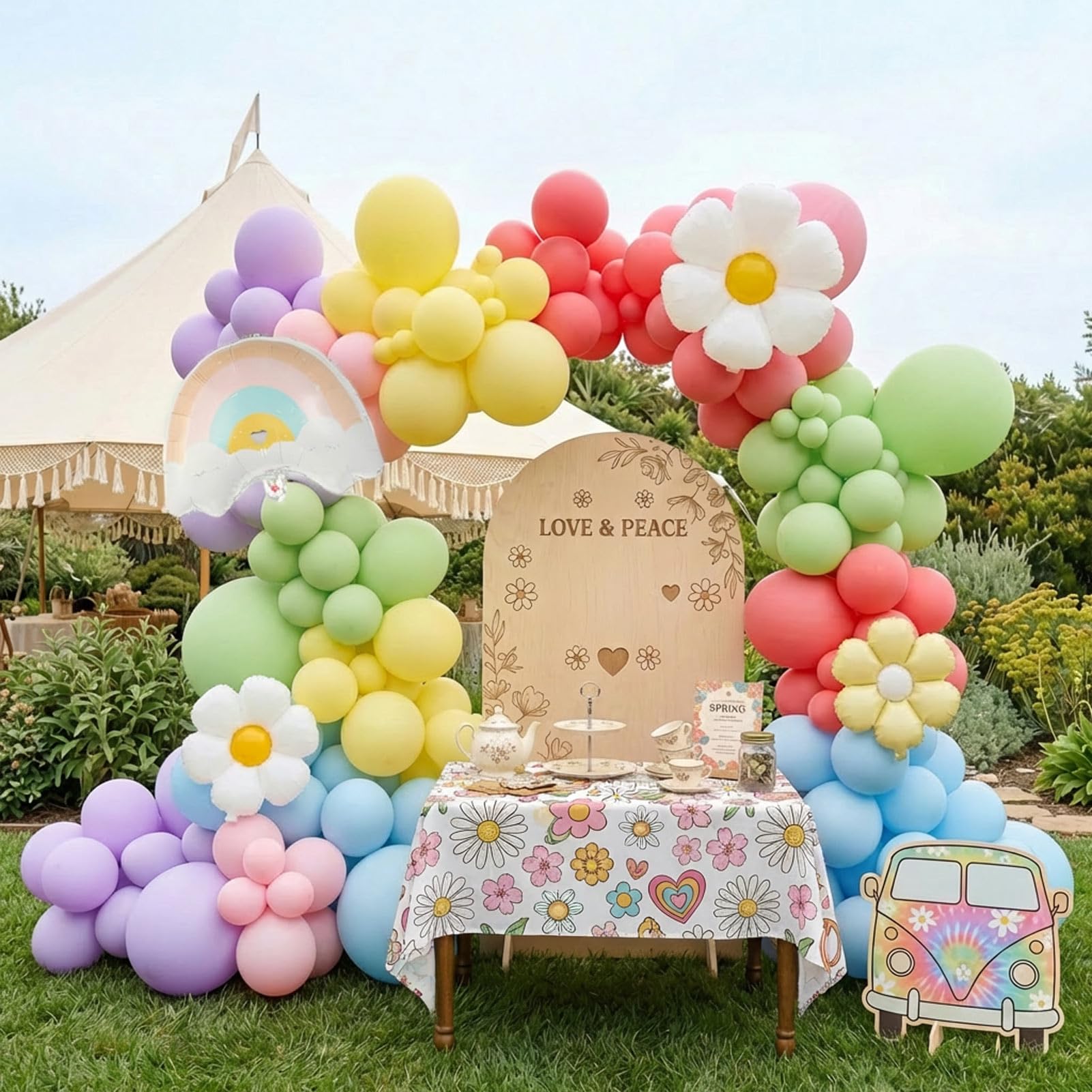 Pastel Daisy balloon arch kit Pastel pink yellow green blue red Purple balloons with rainbow daisy Flower balloon for spring Baby Shower Easter tea