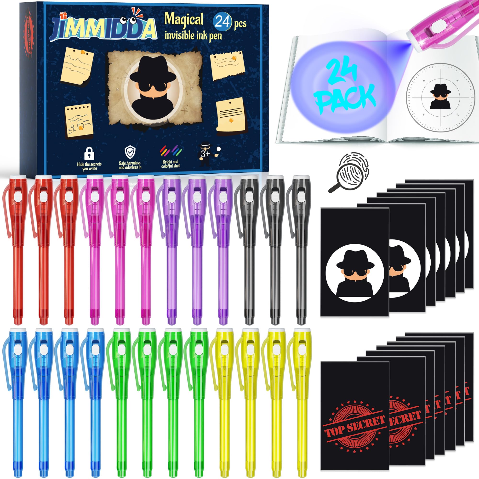 JIMMIDDA 24 Pcs Invisible Ink Pen with Notebook, Spy UV Light, 4-12 Year - spy gadgets | Mubboo