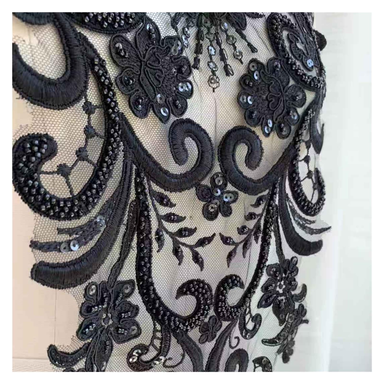 Apliques de encaje bordado con cuentas, parche de encaje con cuentas de 32x60cm, apliques de vestido de novia bordados(Red beads 1 piece)