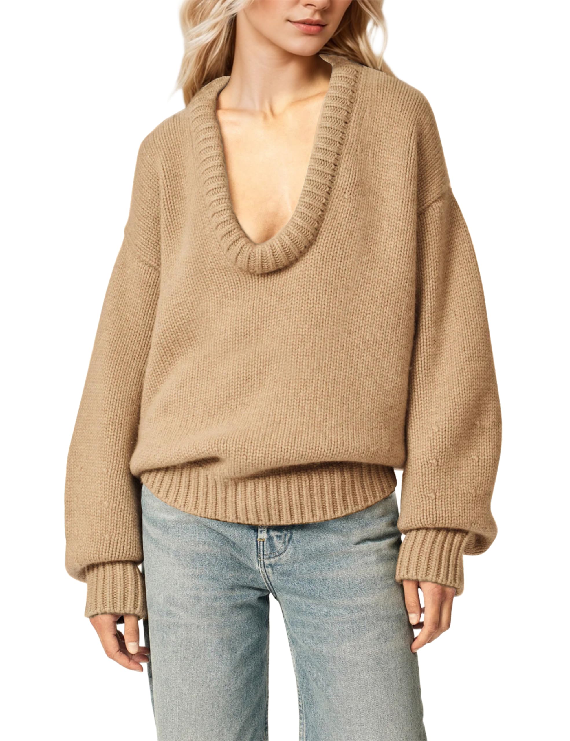Womens Oversized U Neck Pullover Sweater Long Sleeve Knitted Sweater Chunky Trendy Fall Winter Sweater Tops