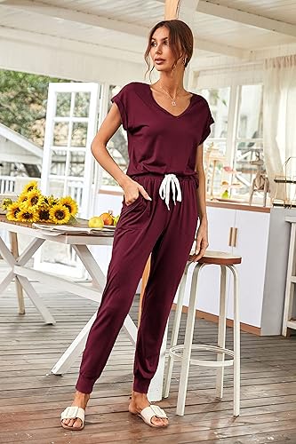 Miniatura 4 de PRETTYGARDEN Conjunto deportivo de dos piezas para mujer, cuello en V, manga corta, pantalones largos con cordón