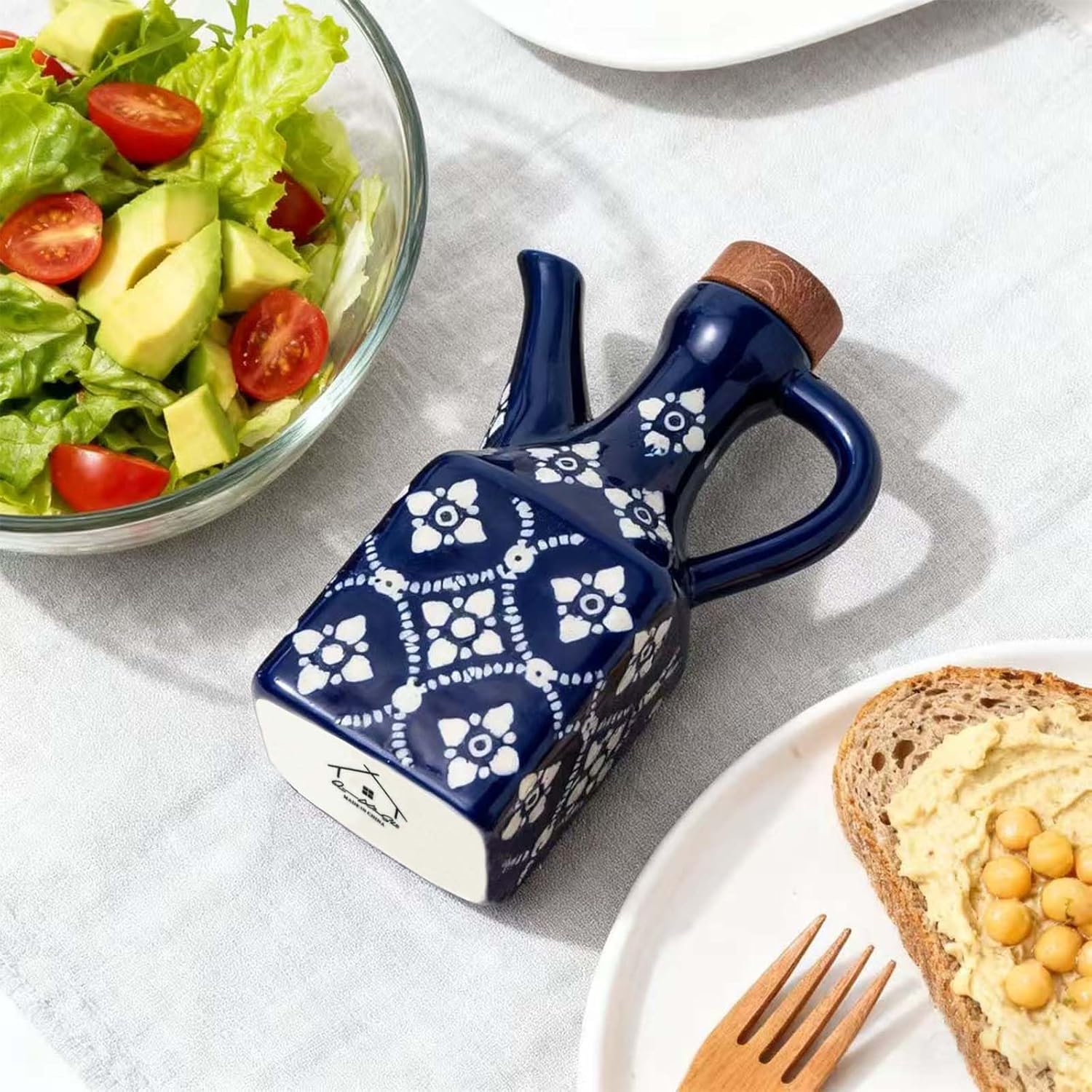 Small Ceramic Olive Oil Dispenser Bottle, 8.5 Oz Decorative Oil Dispensers for Kitchen, Relief Opaque Ceramic Oil Cruet, Italian Olive Oil Dispenser for Cooking, Avocado Oil, Vinegar (Blue - Image 6