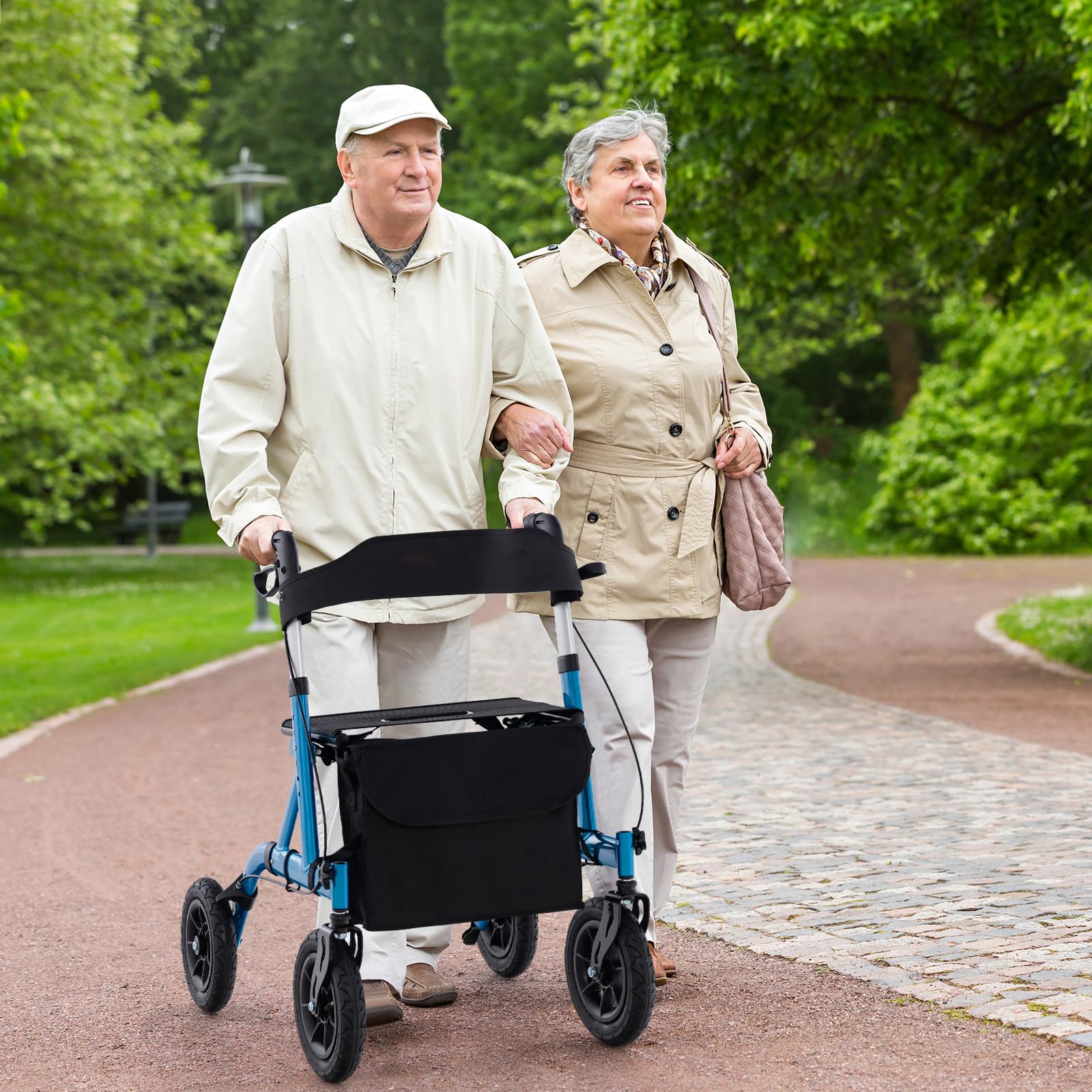 COSTWAY Deambulatore con Seduta 2 in 1, Rollator Pieghevole per Anziani con 4 Ruote, Maniglie Regolabili in Altezza 81-94cm, Portaombrelloni e Borsa Portaoggetti, Carico Massimo 160 kg (Blu)