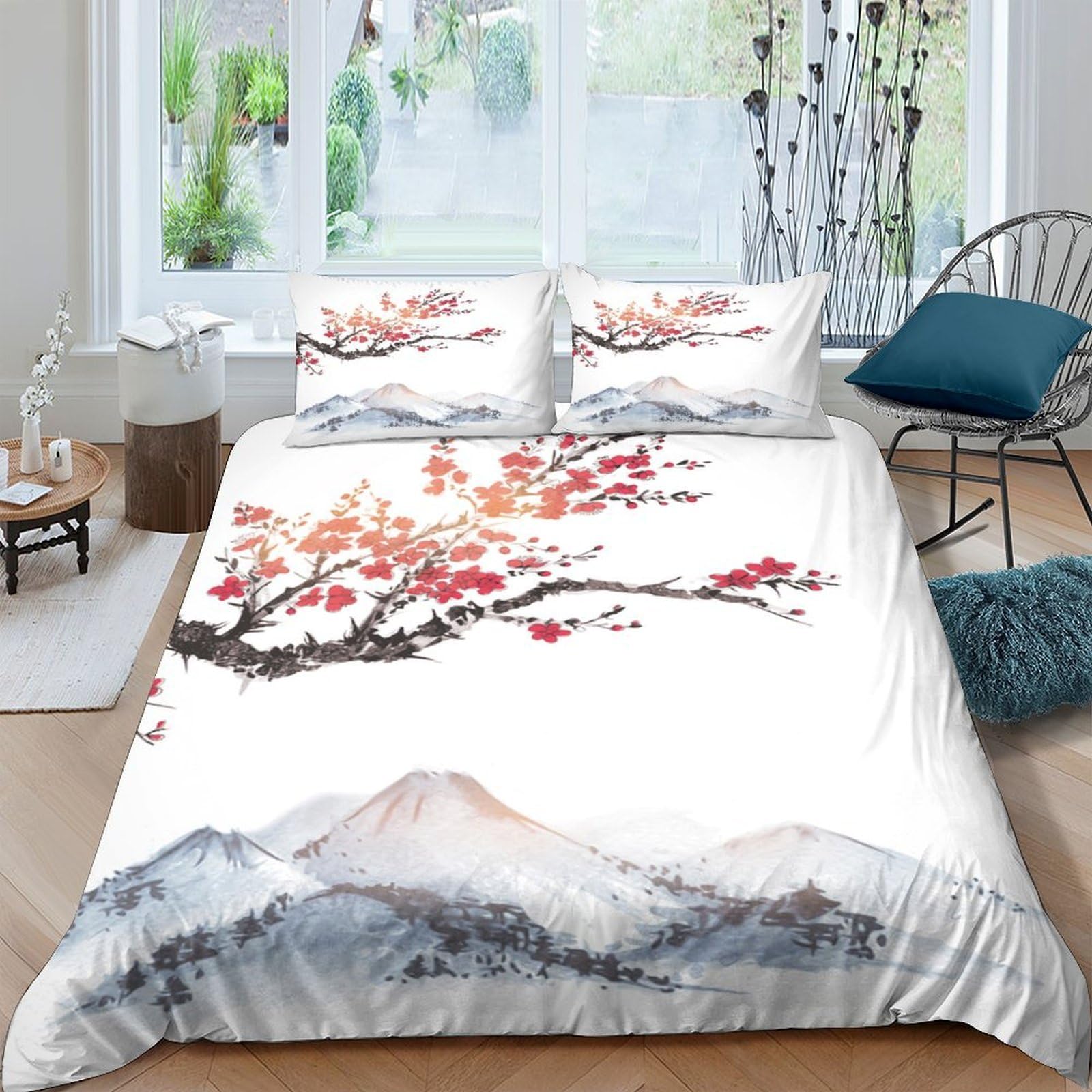 Ctjqhvkz Style-3 3D Printed Japanese Ink Art Fitted Sheet Microfiber Soft Bedroom Decor Mountain Landscape Mattress Cover Single（135X200cm）