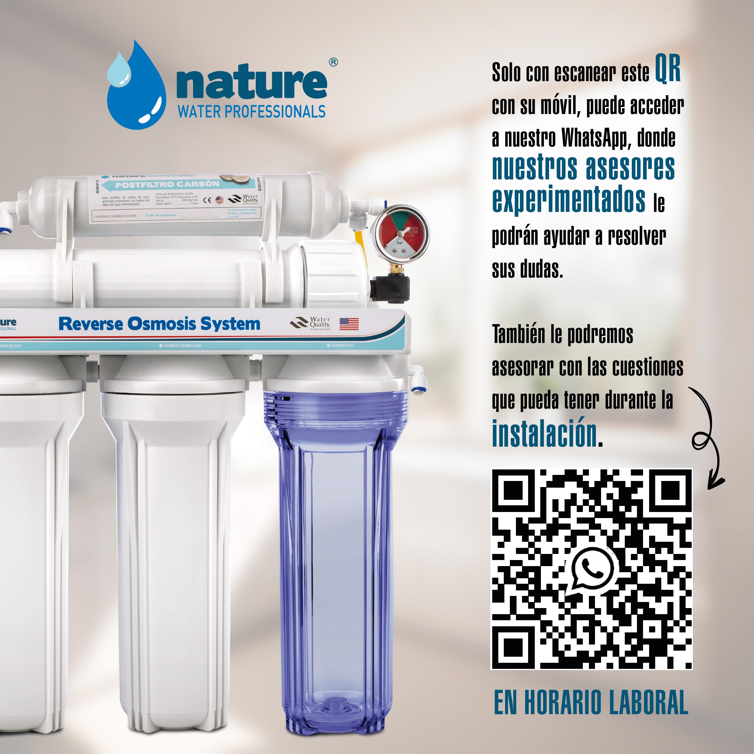 NATURE WATER PROFESSIONALS Equipo de Osmosis Inversa Doméstico, 5 Etapas, Grifo Acero Inoxidable, Depósito 6 Litros, Membrana 75GPD, Filtros, Accesorios