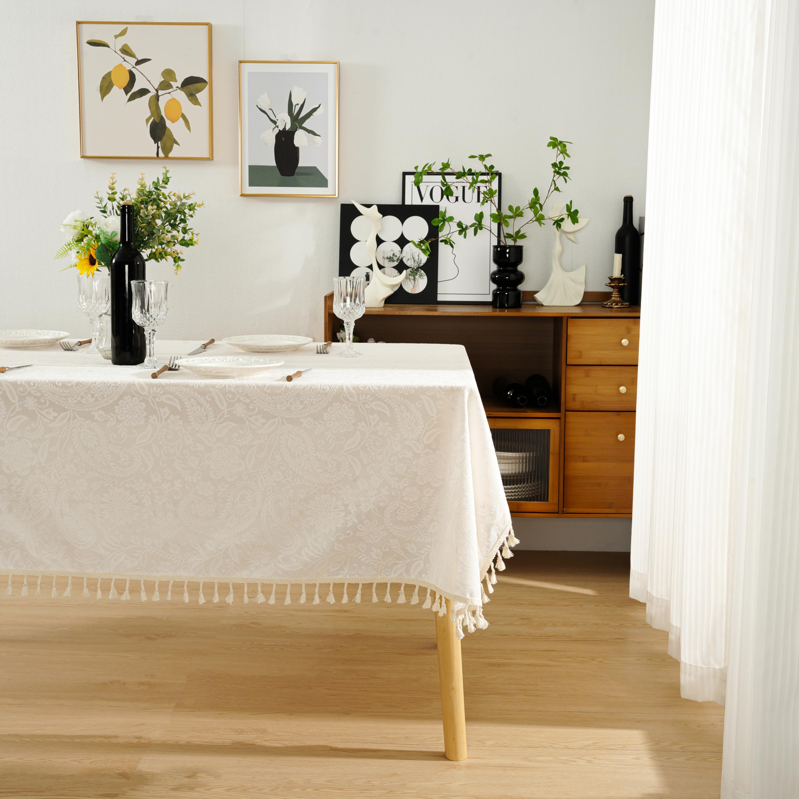 Nappe de table en dentelle 150x260 respirante blanc crème pour table longue