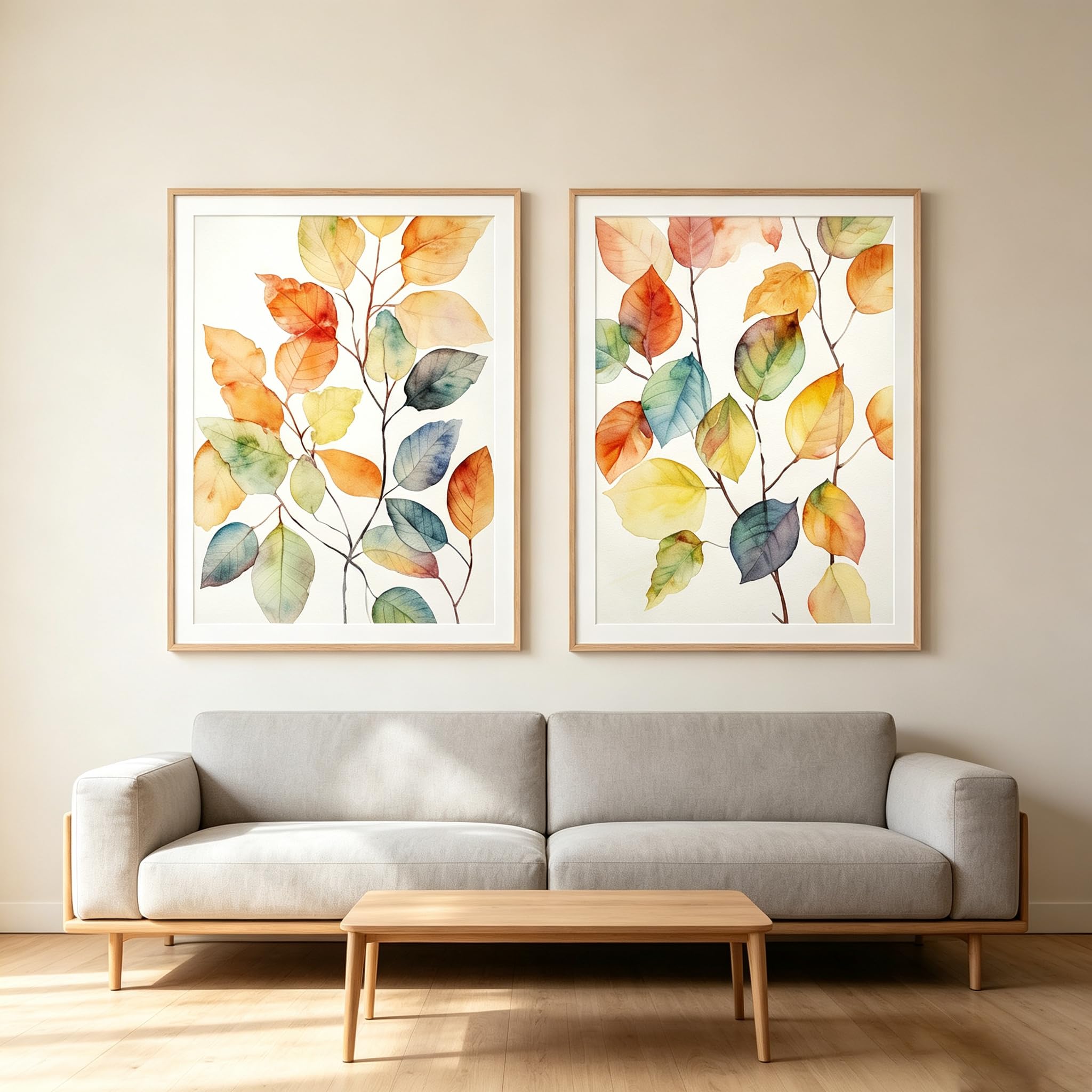 ZBELLO Set of 2 Posters, Watercolour Paintings of Autumn Forest Leaves, Colourful Leaf Wall Art, Nature Landscape Art Print Wall Decoration, for The Living Room or Bedroom, Unframed (40x50cm)