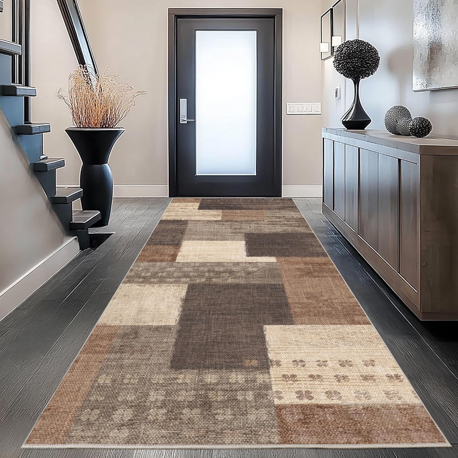 qduidu modern geometric patchwork indoor runner rug for living room, beige 2.7'x 8' large rug rockwood collection hardwood floors decor for bedroom, beige throw carpet for office entryway dining room 2.7 x 8 feet beige