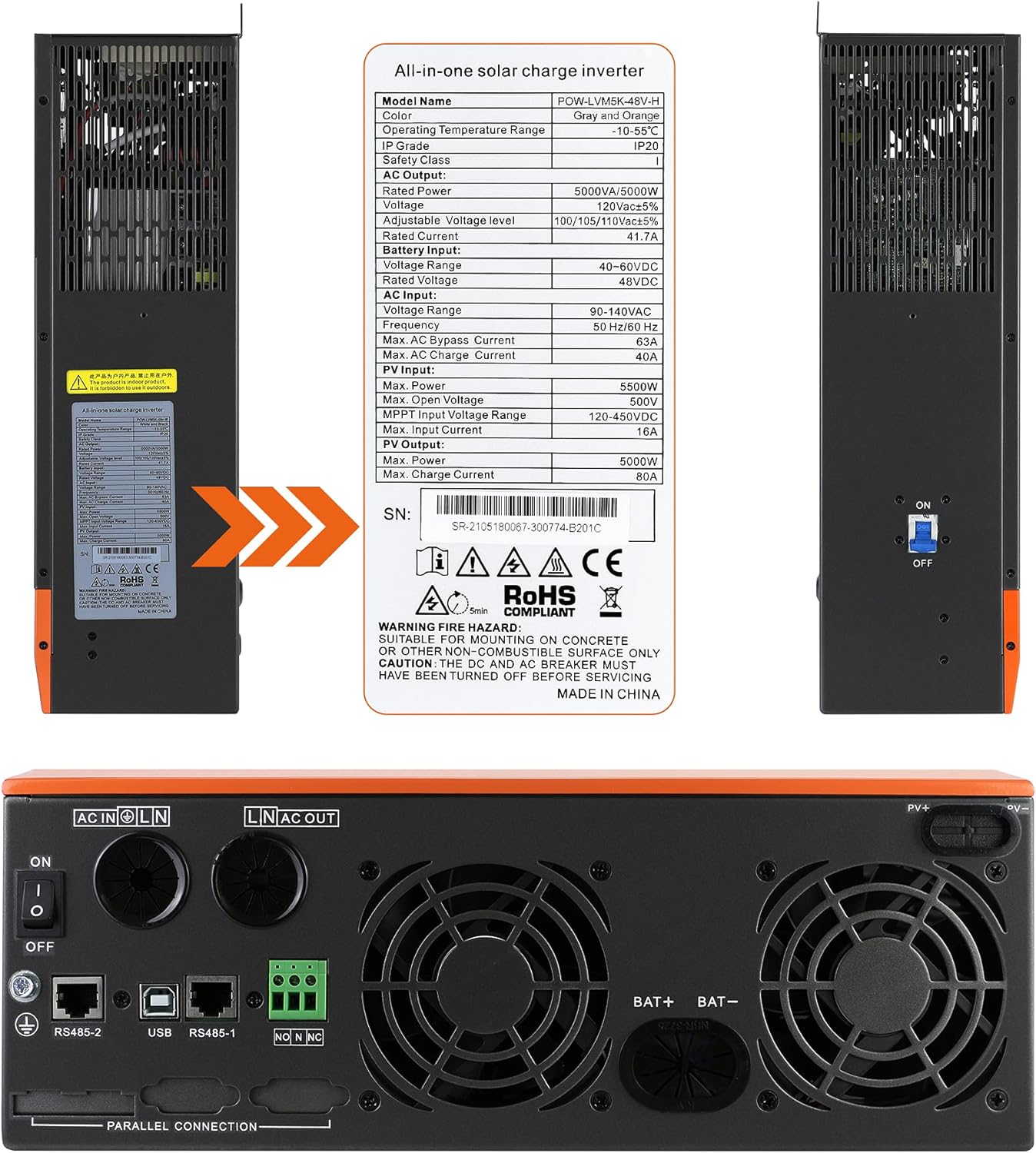 Inverter Charger Solar Inverter 5000W, Built-in 80A MPPT Charge Controller Off Grid 48V Inverter 110V AC 5KW Output Pure Sine Wave Power, Support Max 5000W 500V Solar Power/Utility Power/48V Battery : Everything Else