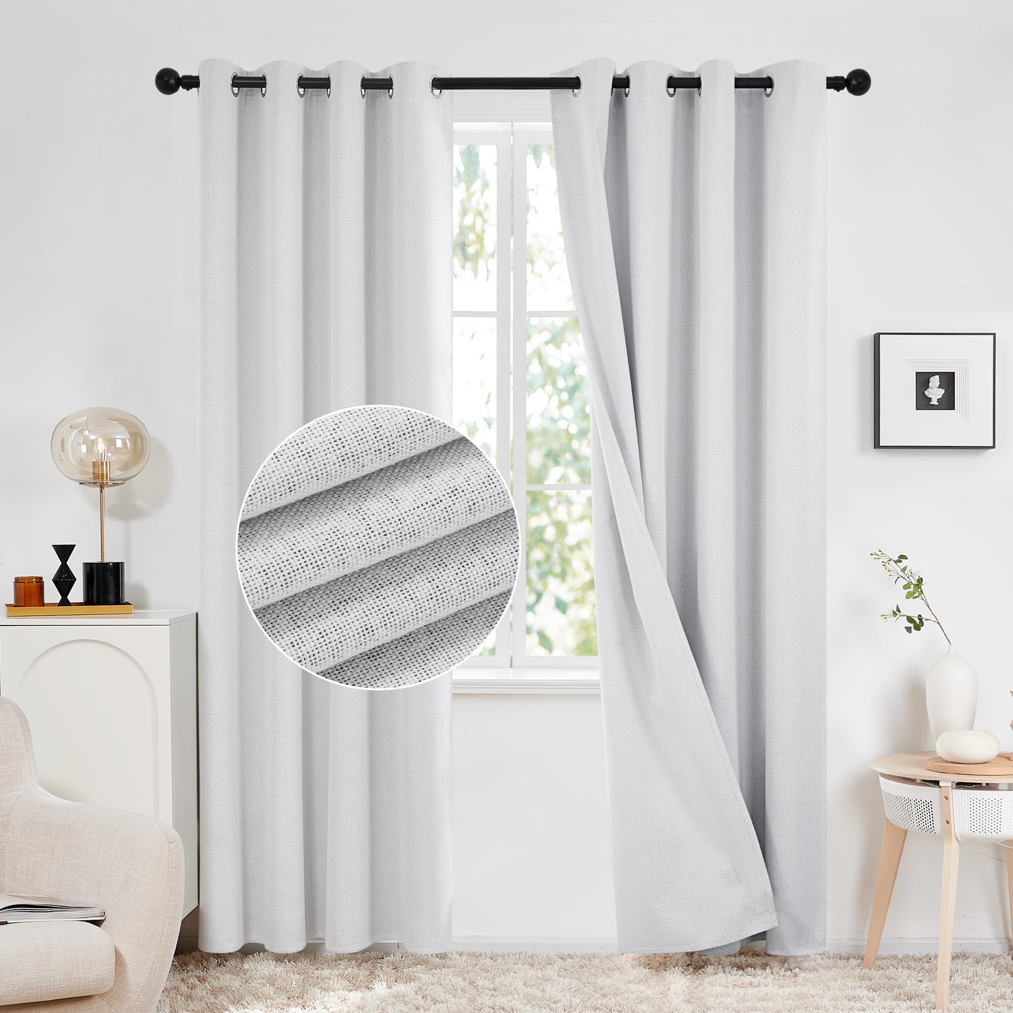 Deconovo Total Blackout Curtains Linen Curtains Room Darkening Curtains with Grommets for Bedroom Living Room Kids Room, 2 Panels，Greyish White，52Wx95L Inch