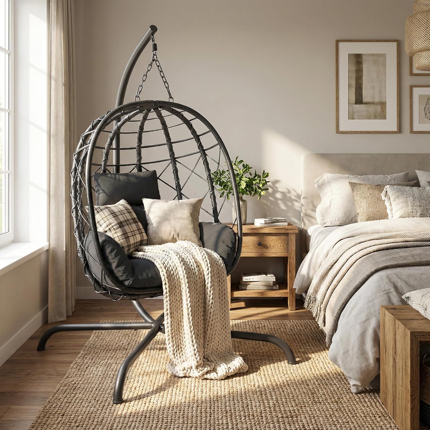 Foldable Hanging Egg Chair with Stand - Wicker Swing Hammock Chair with Cushion - for Patio Porch Balcony Weight Capacity 350lbs (Dark Gray)