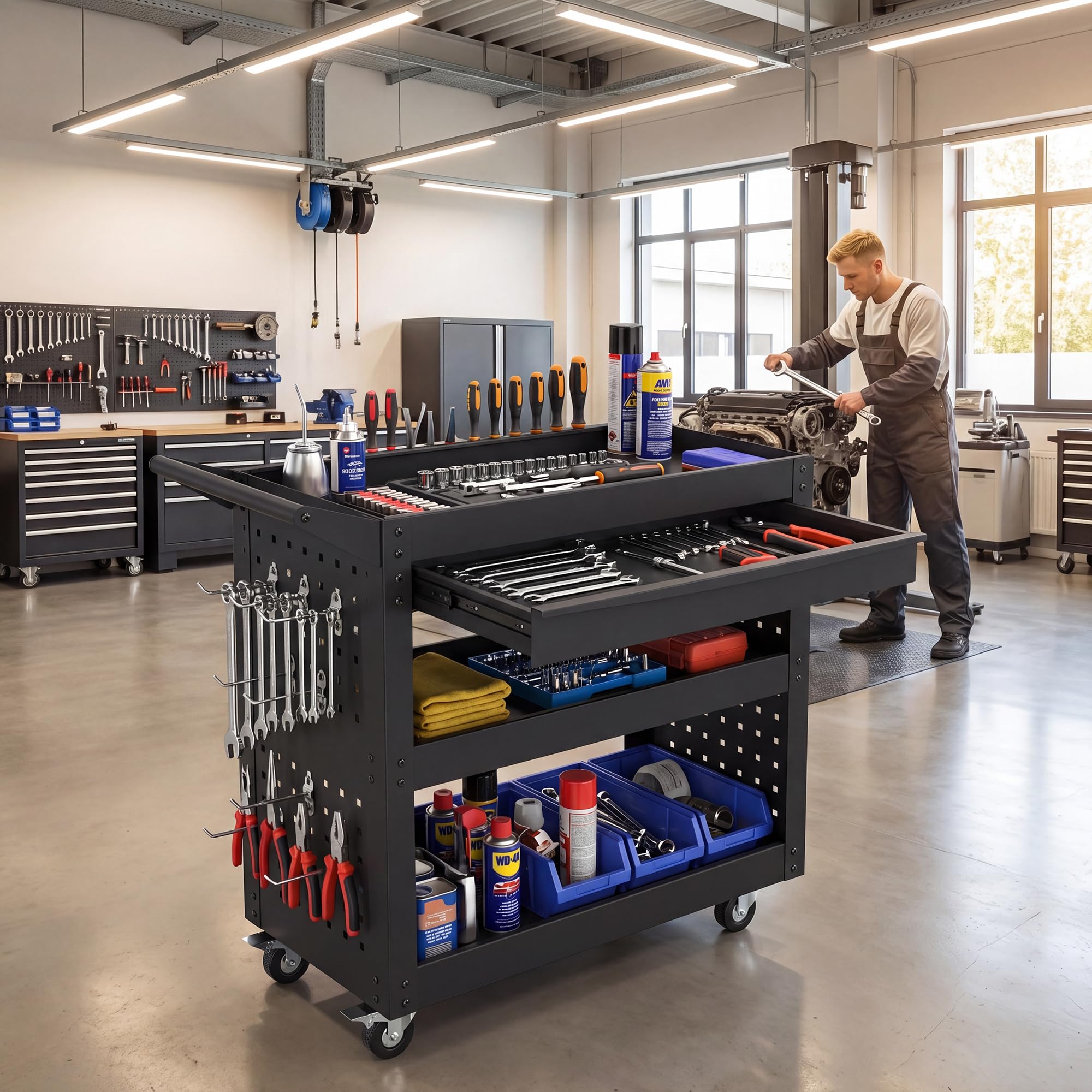 GYMAX Chariot à Outils, 3 Niveaux de Rangement & Tiroir & 2 Panneaux Perforés & 8 Crochets, roulettes Veroouillables, Servante Roulant en Métal pour Atelier, Garage et Entrepôt