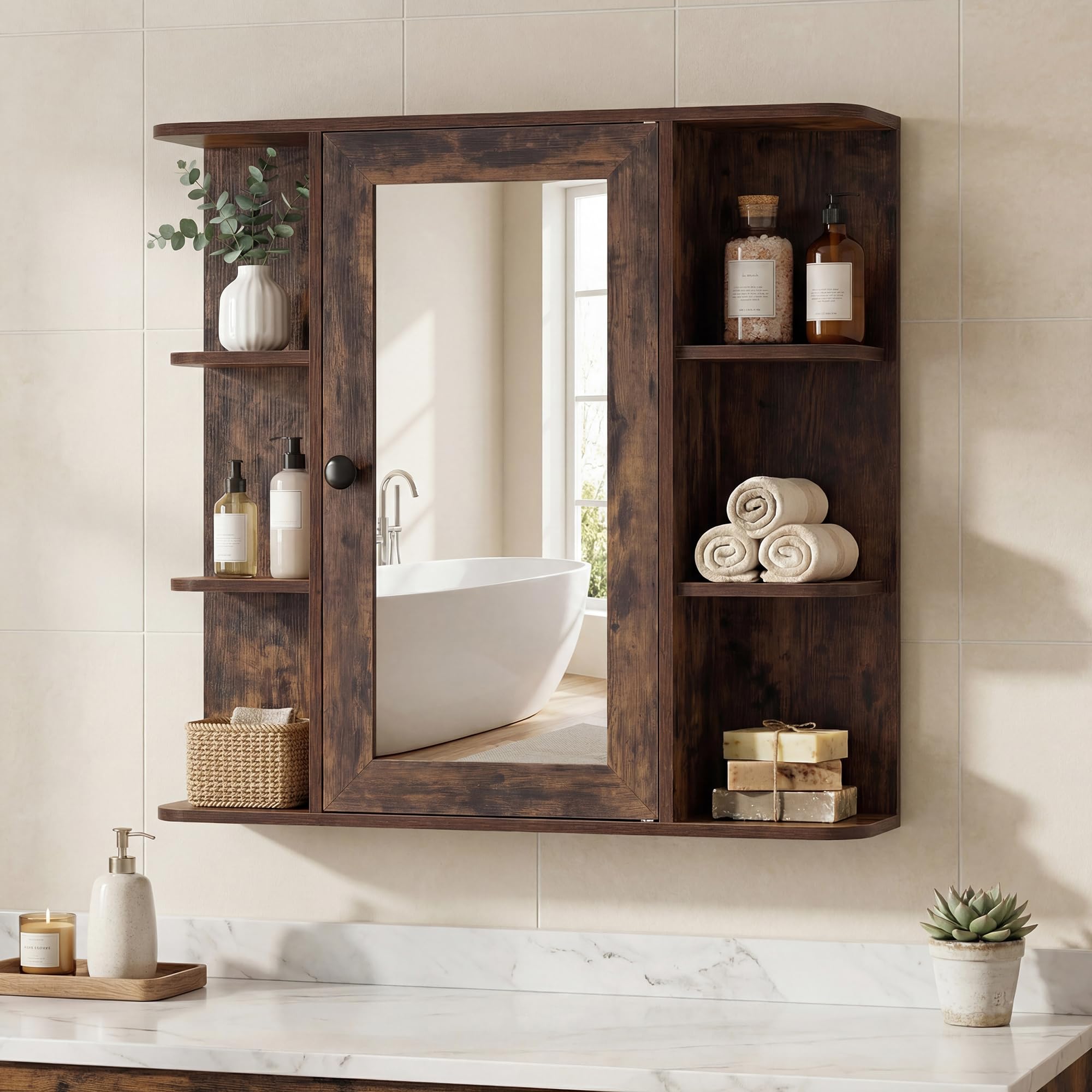 LIFEZEAL Specchio Bagno Contenitore, Mobile Bagno con Specchio con 6 Ripiani Aperti e 3 Chiusi, 1 Anta, Mobiletto Pensile Salvaspazio da Letto, per Soggiorno e Camera, 66 x 16,5 x 63 cm (Marrone)