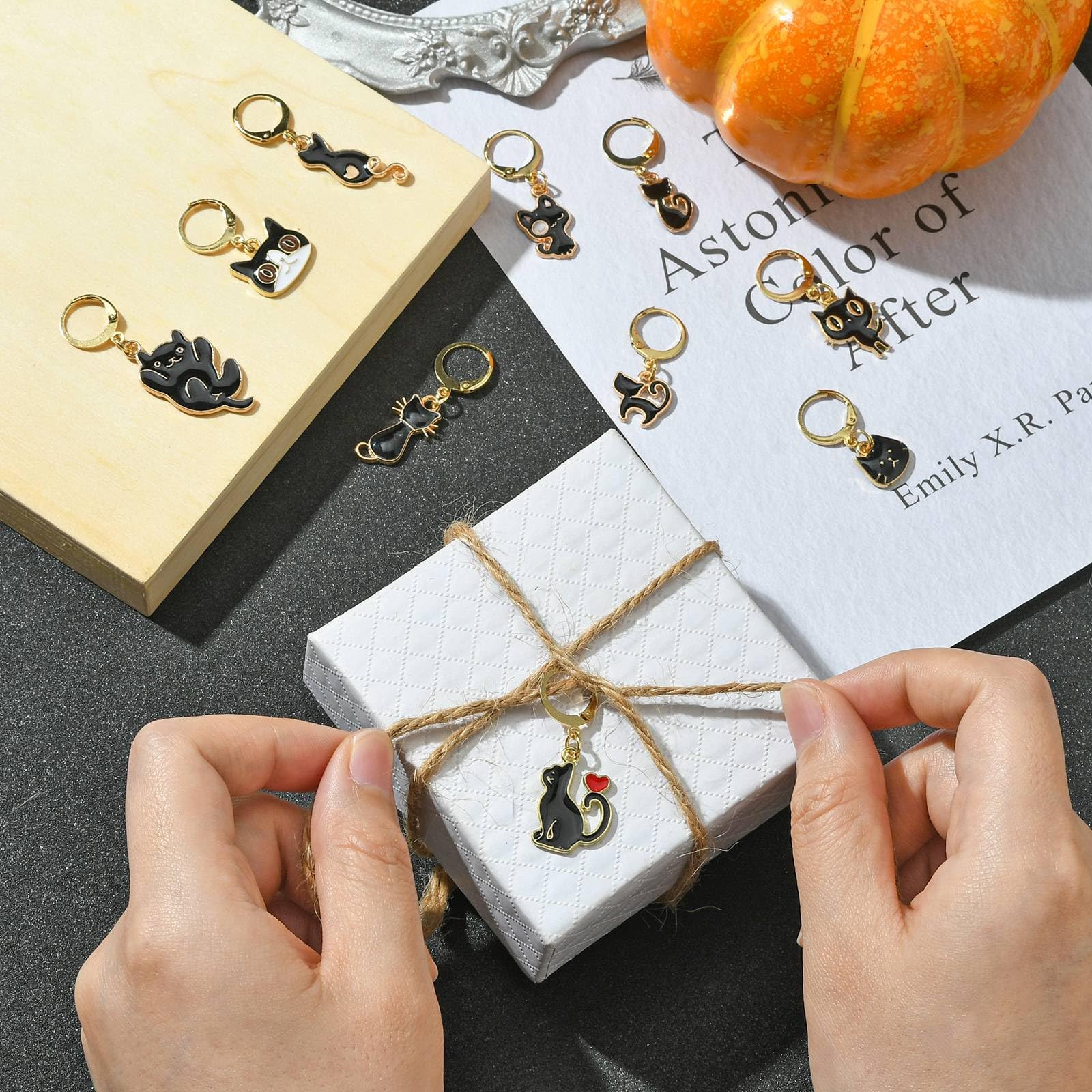 Stiesy 10Pcs Cat Stitch Markers Enamel Black Cat Charms Pet Kitten Cute Animal Charms with Clasps Crochet Leverback Hoop for Knitting Jewellry Making Weaving Crafts - Image 3