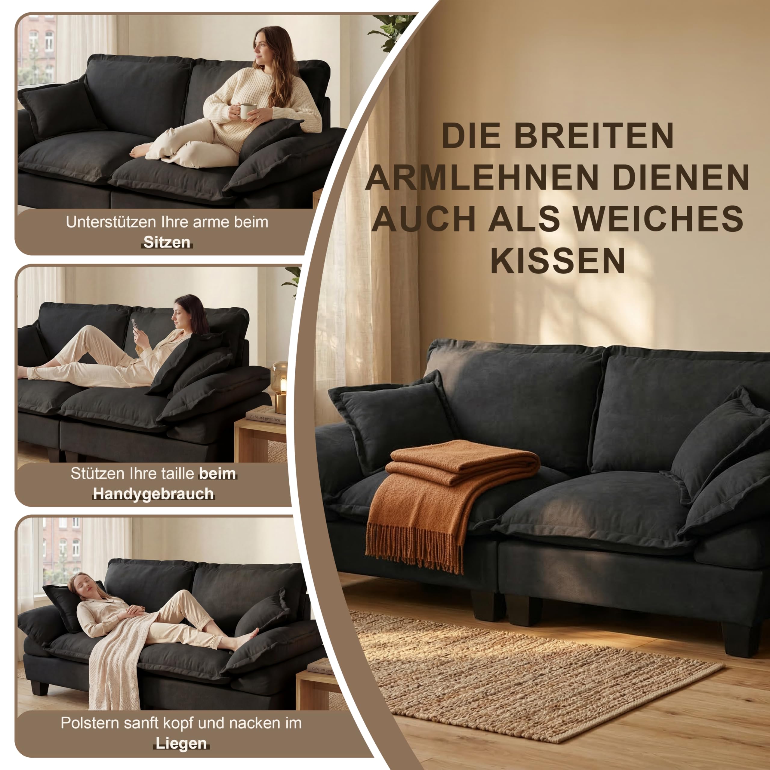 Bladez Sofá modular de 2 plazas, sofá esquinero con otomana, sofá tapizado en forma de L, para sala de estar, apartamento, muebles de salón, color negro