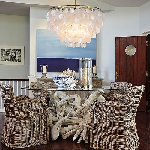 Miniatura 2 de Wellmet Candelabro de concha natural Capiz, 6 luces doradas costeras modernas, lámpara colgante colgante redonda en capas para sala de estar, mesa