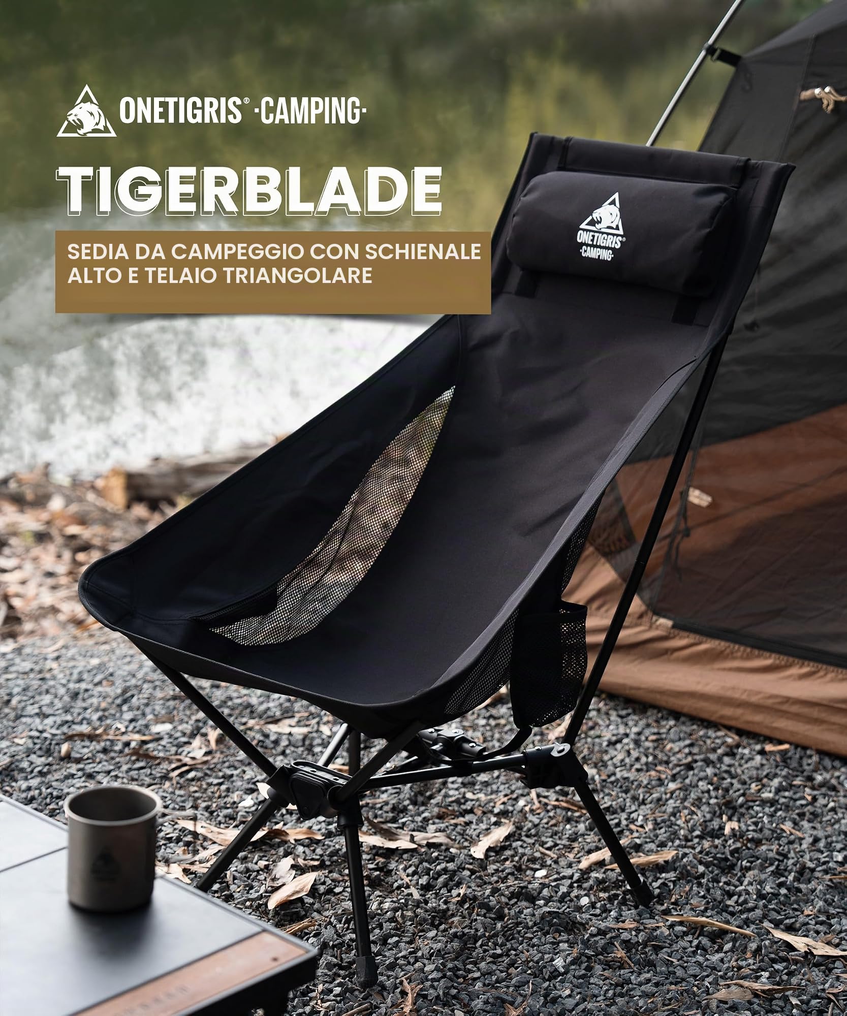 OneTigris TIGERBLADE Sedia da Campeggio con Schienale Alto, Pieghevole, 170 kg, Leggera, Telaio Triangolare, 2 Tasche Laterali, per Esterni