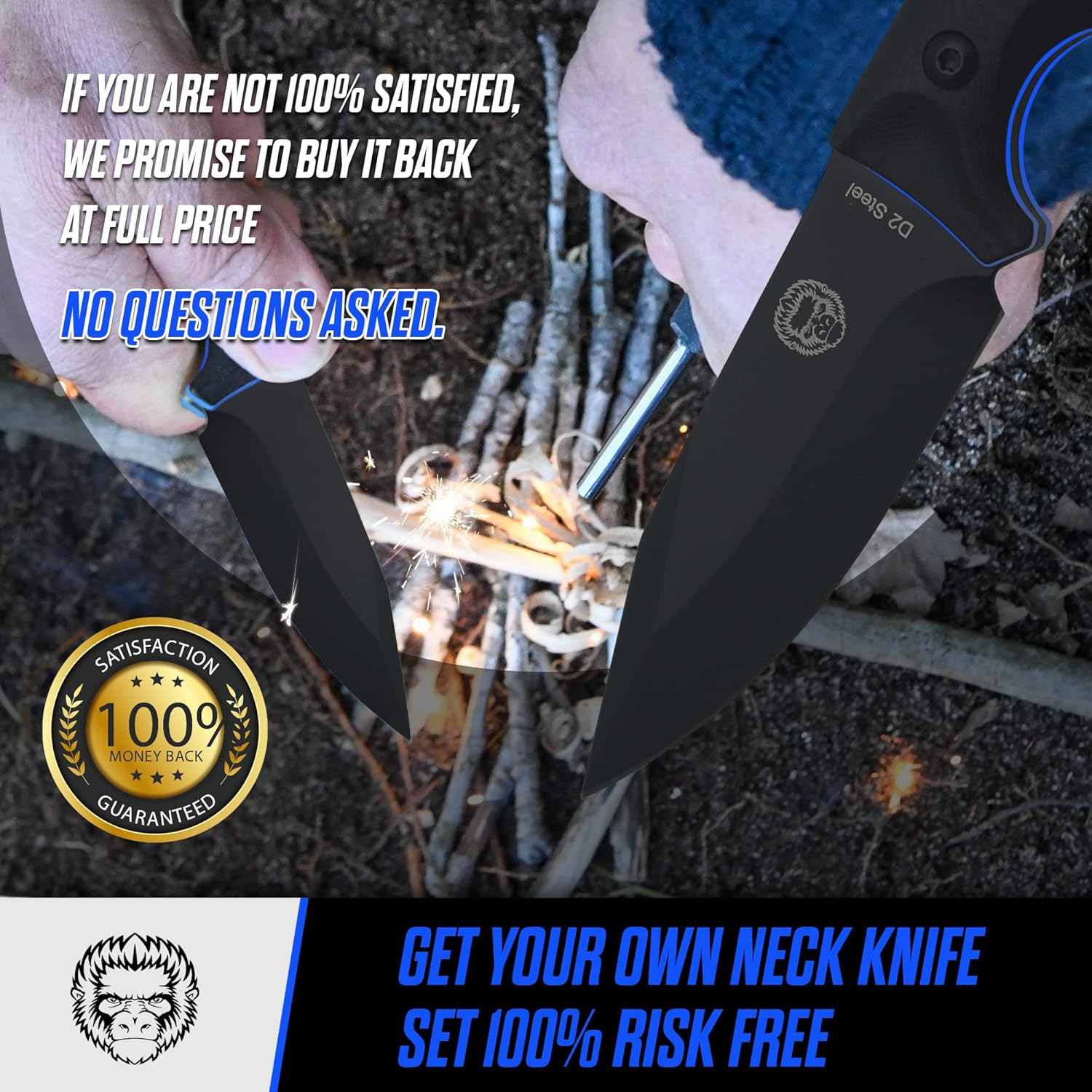 Holtzman's Gorilla Survival Baby Silverback Fixed Blade Hunting Knife with Kydex Sheath & Ferro Rod (Black+Blue) - Ideal for Camping and Outdoor Adventures