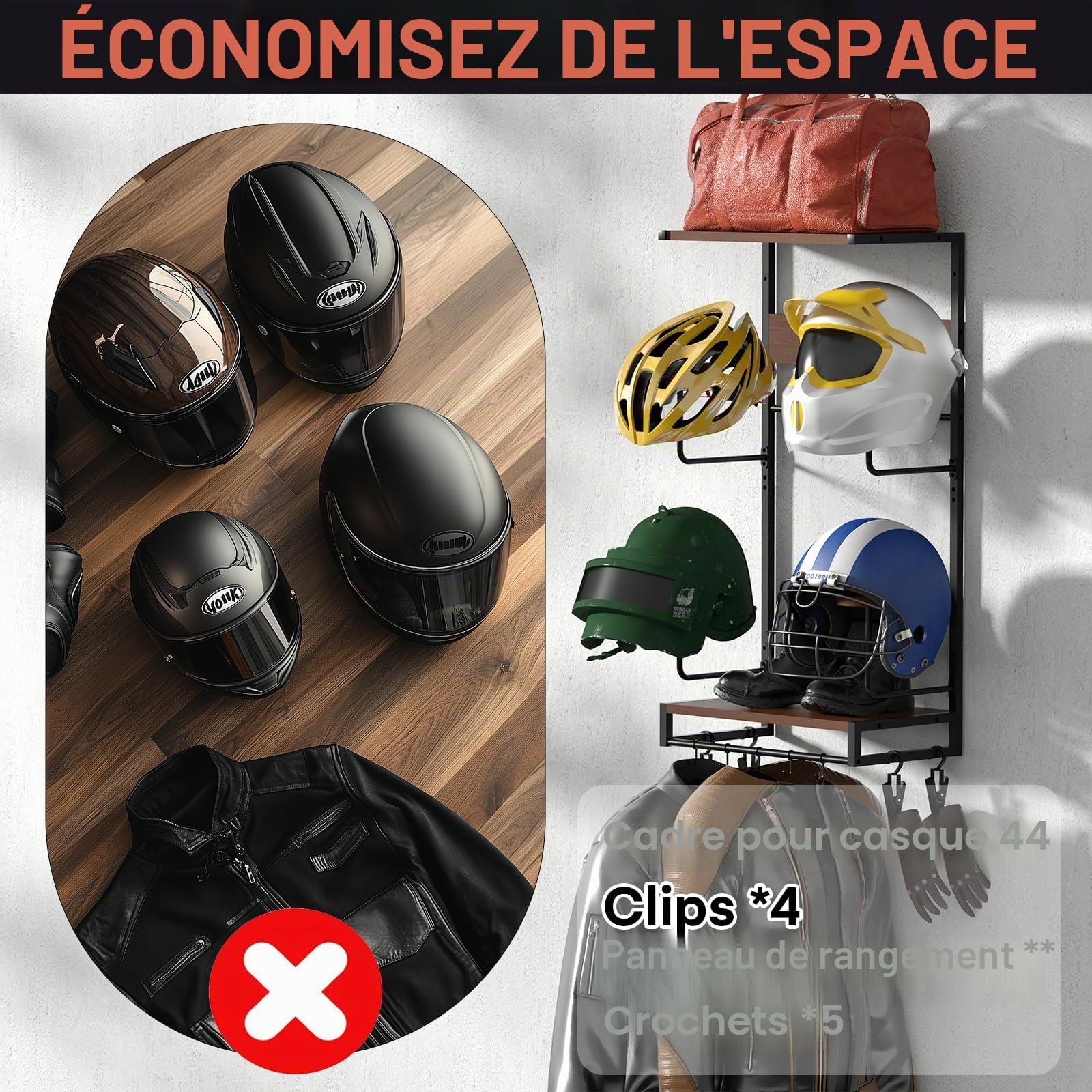 Support Casque Moto, Porte Casque Moto Mural pour Accrocher Le Casque et la Veste de Moto au Mur,Avec des planches en bois doubles，pour ranger vos accessoires de moto