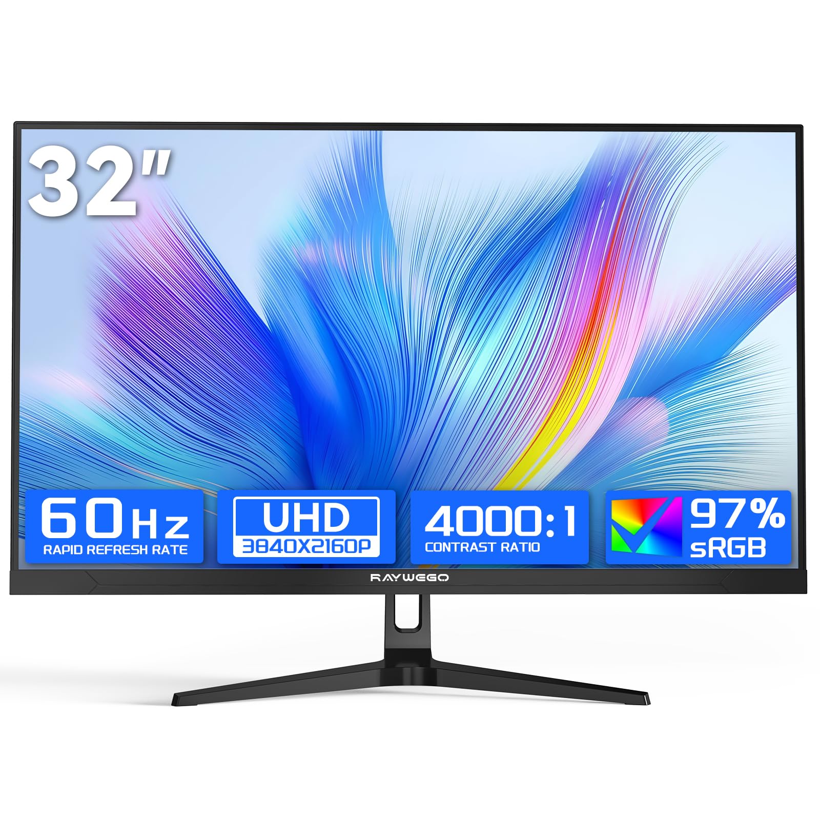 Raywego 32 inch 4K Gaming Computer Monitor 60Hz UWQHD 3840x2160,99% sRGB,HDR10, FreeSync,Low Input Lag, Billions of Colors, PIP/PBP, Slim Bezel,VESA