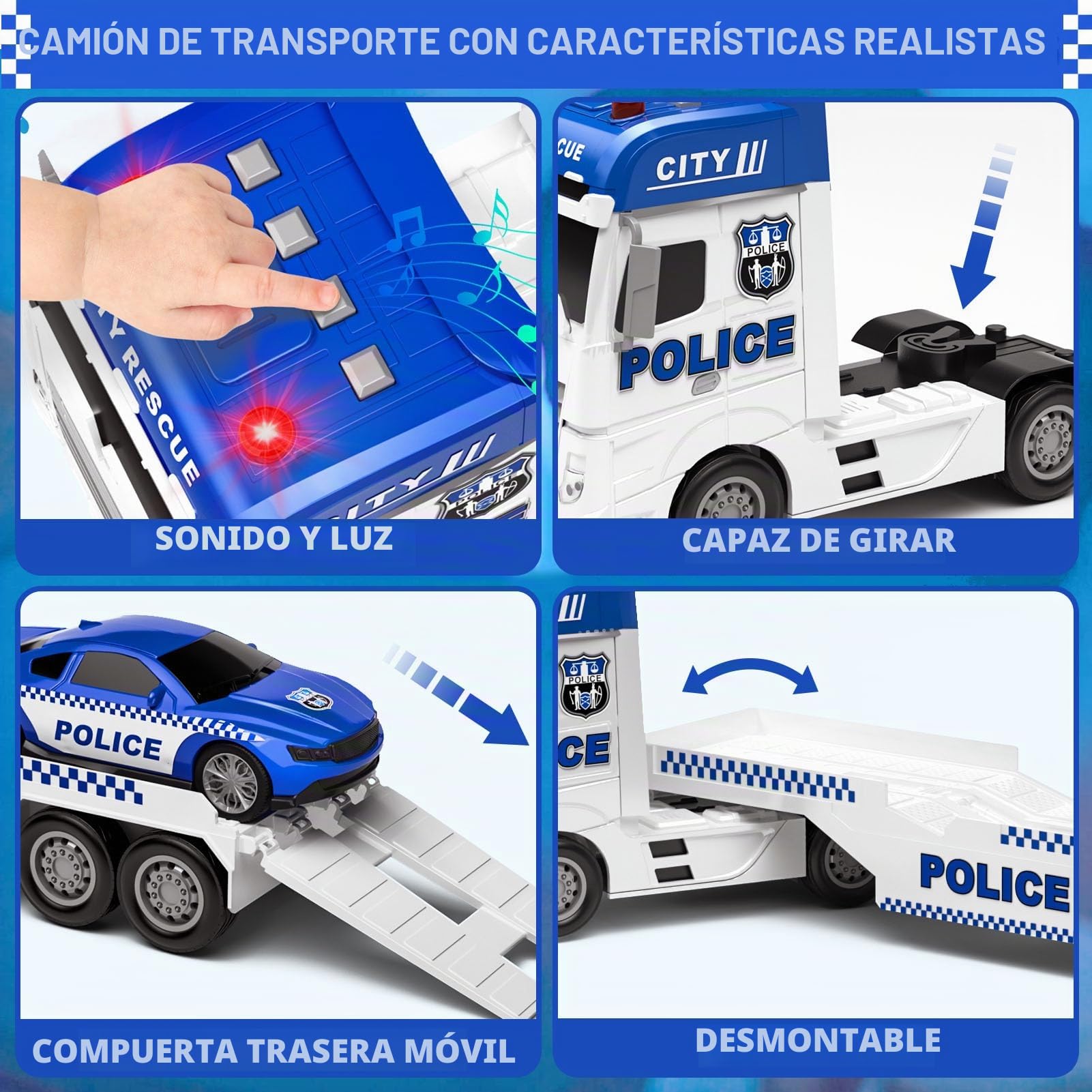 Tacobear Camión Policía de Juguetes para Niños Grande Vehículos de Camiones de Juguete con Helicóptero Coche de Policía, Camión Transportador Policía Juguete Regalo para Niños 2 3 4 5 6 años