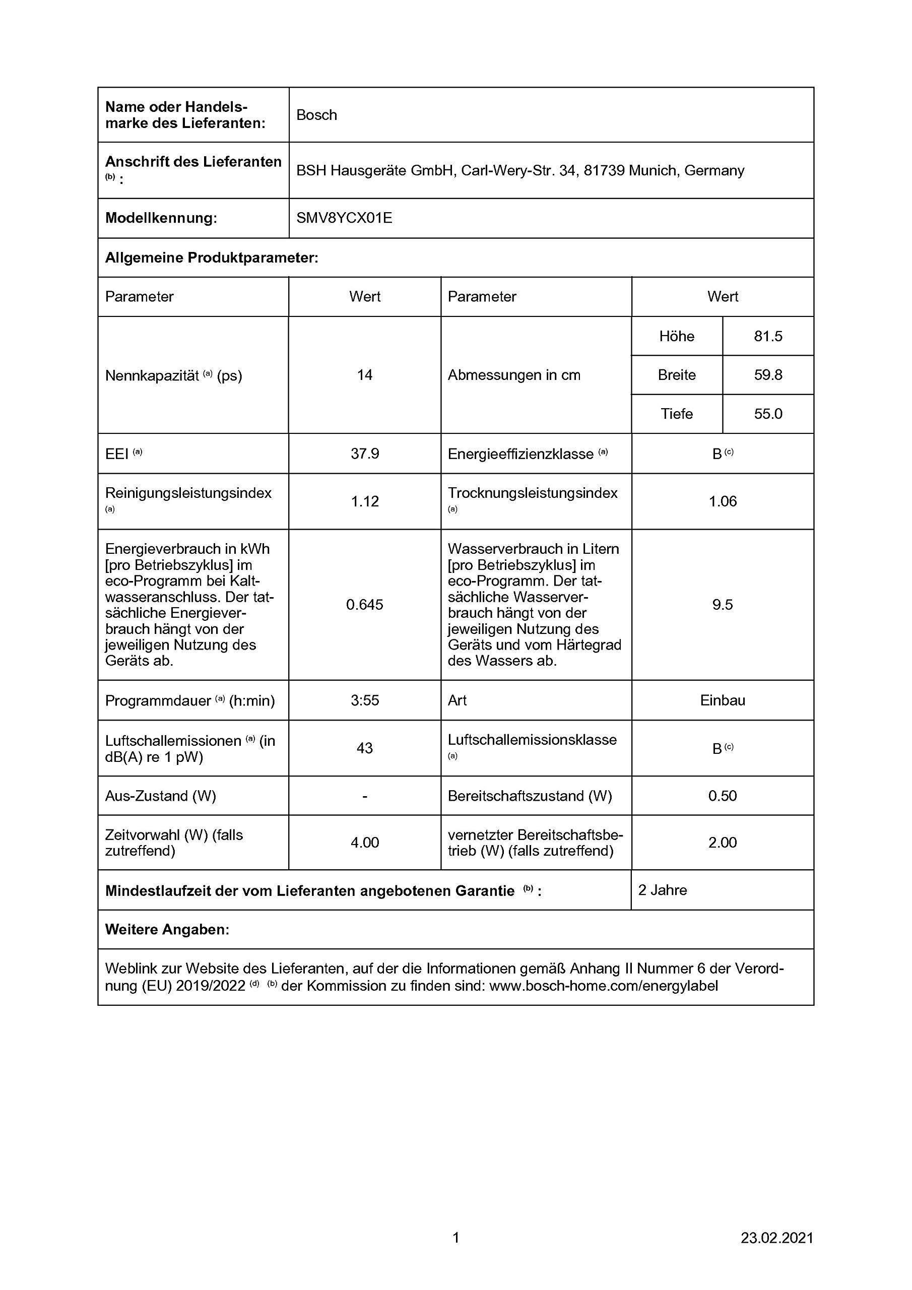 Bosch Hausgeräte SMV8YCX01E Serie 8 Geschirrspüler Vollintegriert / B / 60 cm / 65 kWh/100 Zyklen / 14 MGD / Silence Plus / TimeLight / Zeolith / VarioSchublade Pro / Home Connect