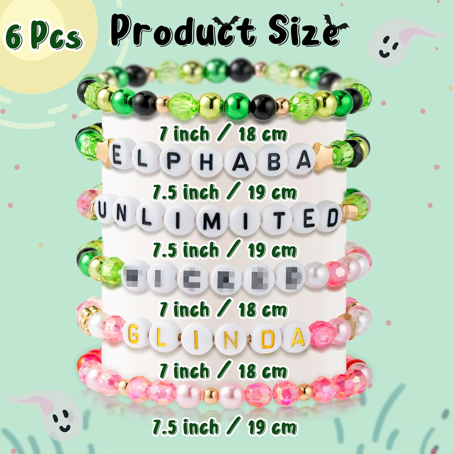 6Pcs Witch Friendship Bracelets, Pink Green Color with Letters Bead String Elasticity Bracelet, Women Girls Friend Jewelry Accessories Gift for Magic Movie Theme Fans Party Halloween Wedding - Image 2