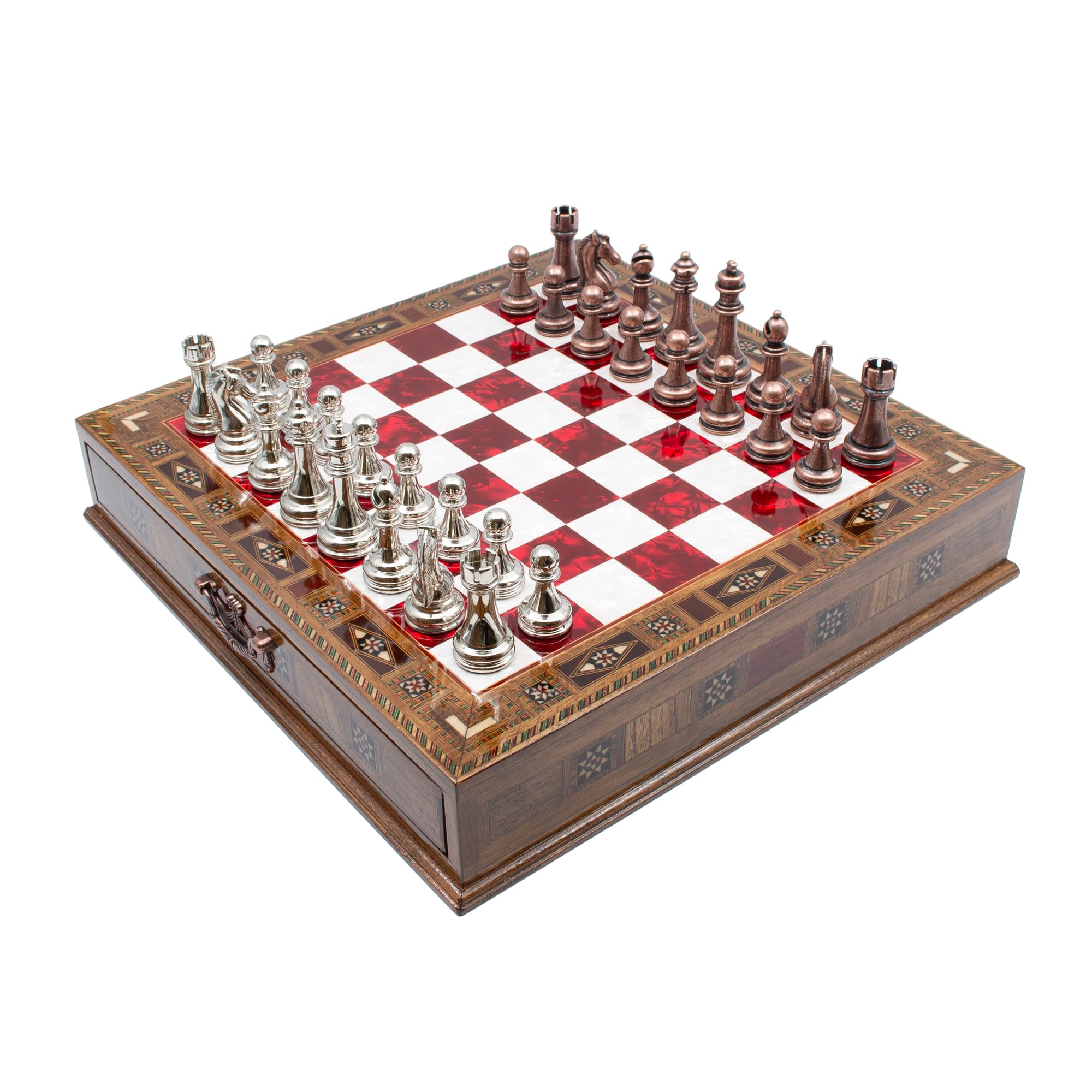 GrandGiftStore - Juego de ajedrez hecho a mano con cajón, tablero de ajedrez de madera para adultos con almacenamiento, juego de ajedrez premium (38 x 38 cm, bolsa, rojo)