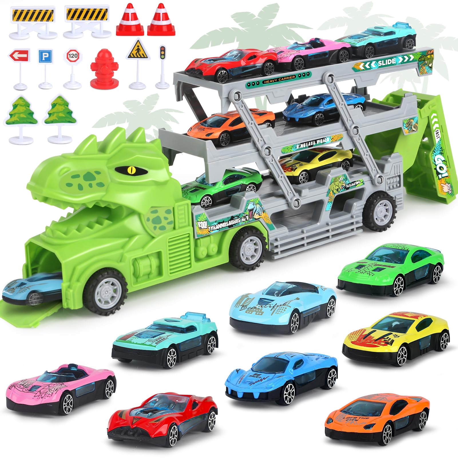 Jeu de transport de voitures pour 3, 4, 5 ans, rampes de dinosaure, camion pour enfants avec 8 mini voitures, 1 carte routière, accessoires cadeau pour enfants