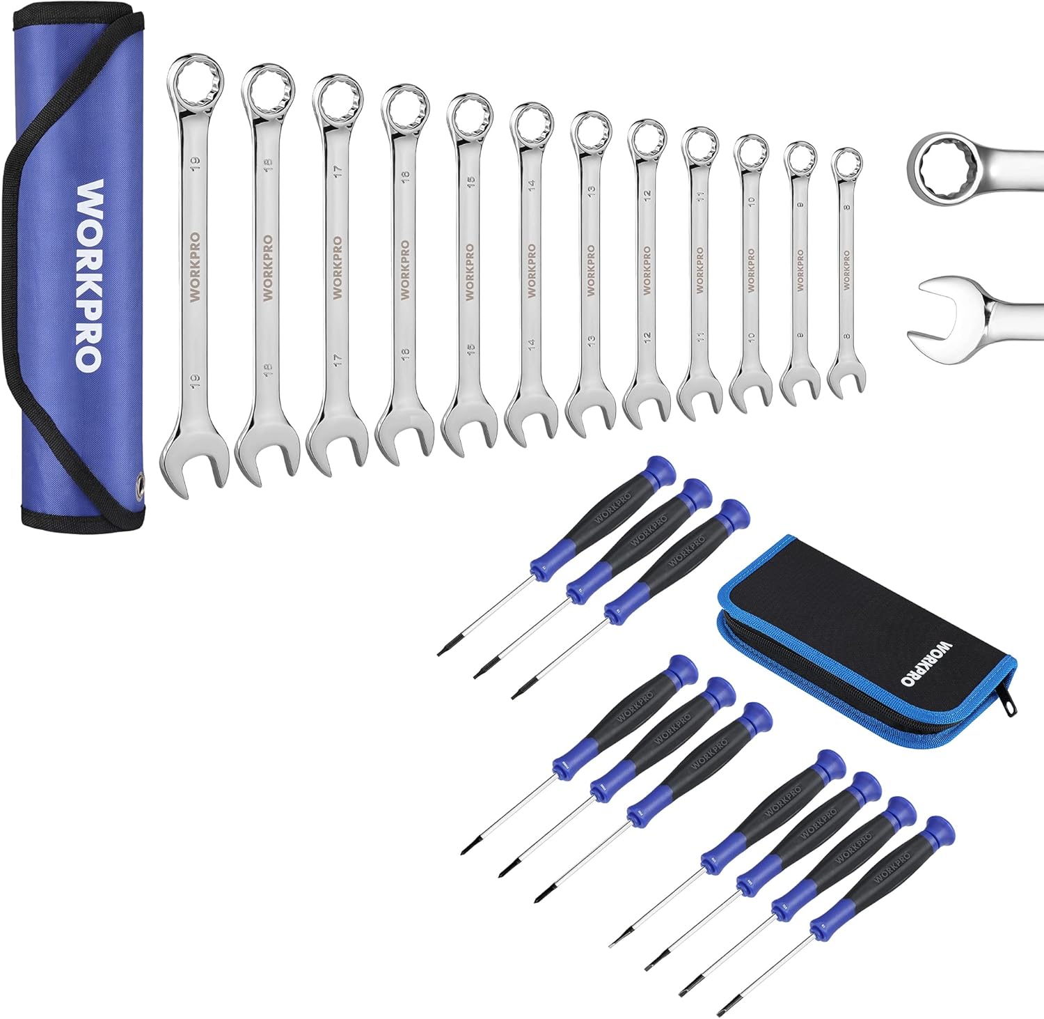 WORKPRO 10-Piece Precision Screwdriver Set with Pouch+ WORKPRO 12-Piece Premium Combination Wrench Set
