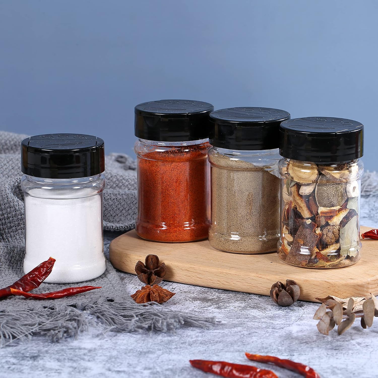 Abgream Plastic Spice Jars - 20 Pack Clear Containers Condiment Pots BPA free with Black Caps, Chalkboard labels, Chalk Marker for Storing Spice, Herbs, Salt, Pepper (5 oz)