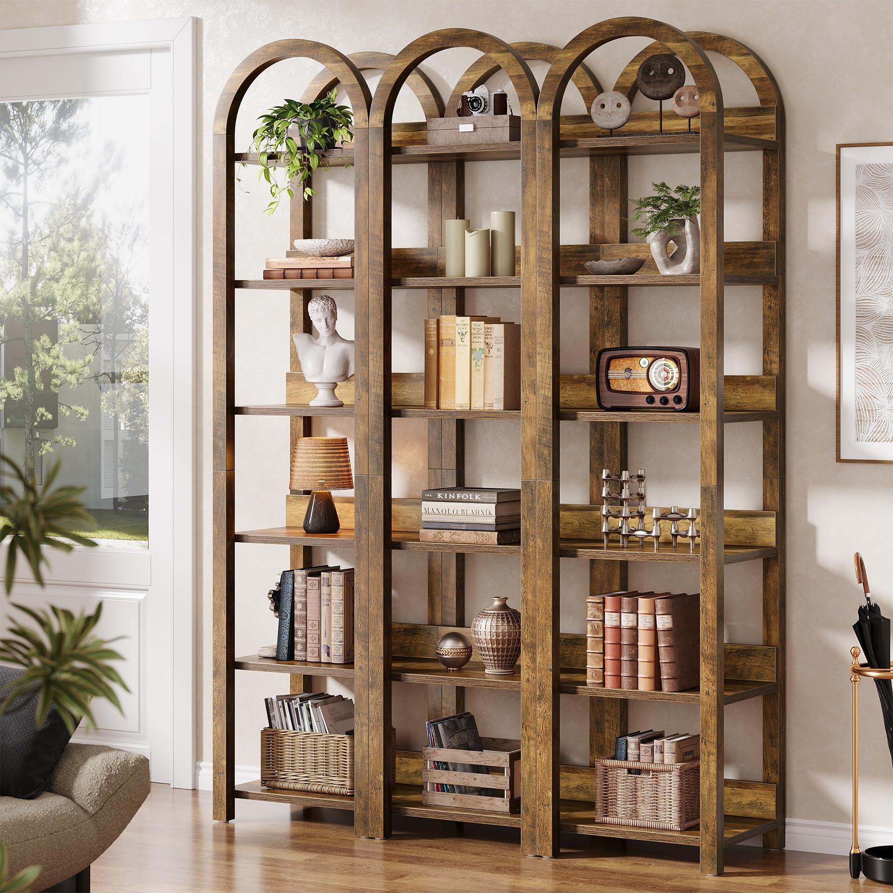Tribesigns Estantería de 6 Niveles Alta 180 cm Pulgadas, Arqueado Madera Estantería Eelgada con Estantes de Almacenamiento Abiertos, Estante de Esquina para Sala, Oficina, Dormitorio