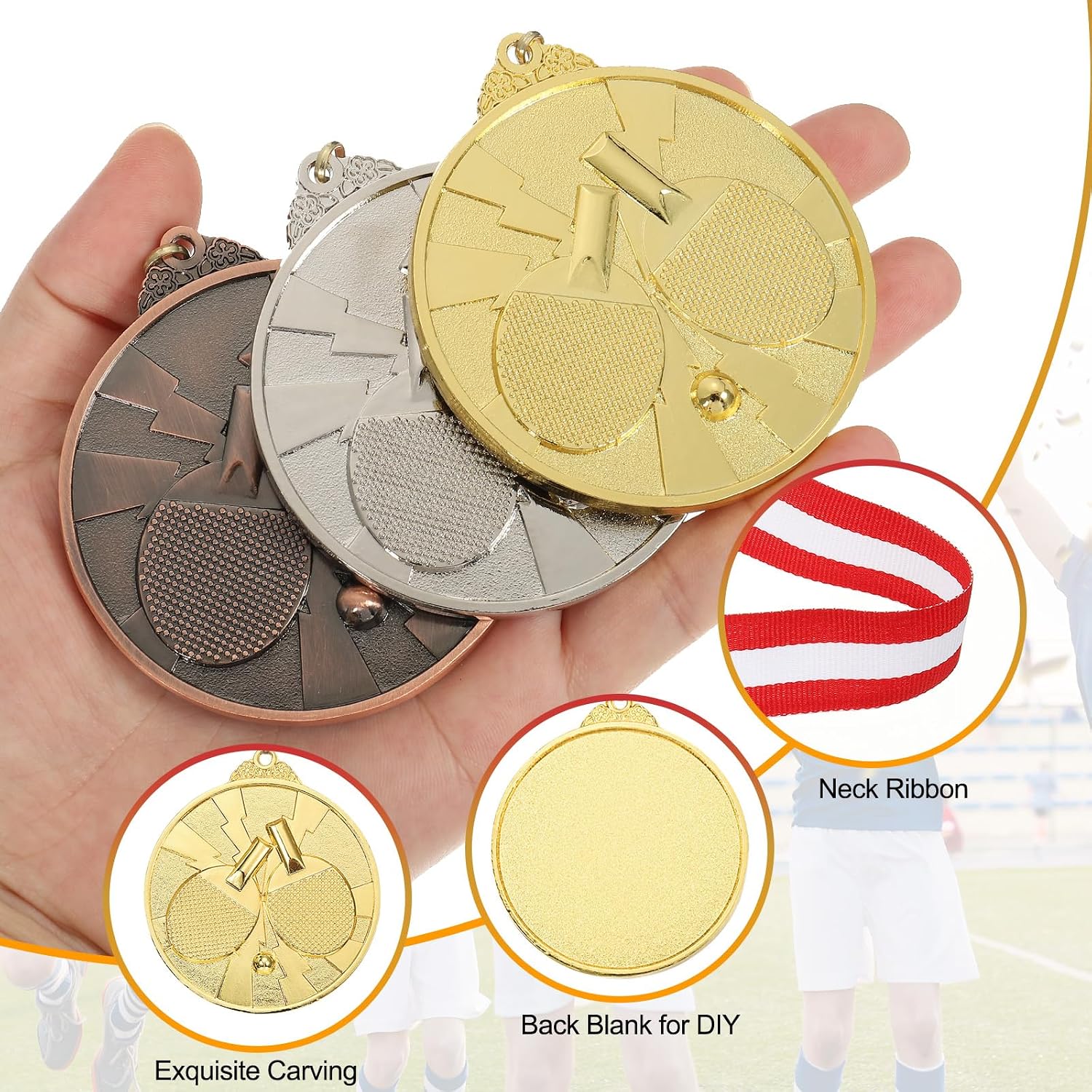 MECCANIXITY Table Tennis Award Medals 2.6 Inch, Gold Silver Bronze Award Medals with Neck Ribbon for Team Sports Games Competitions Party Favors 6 Pieces