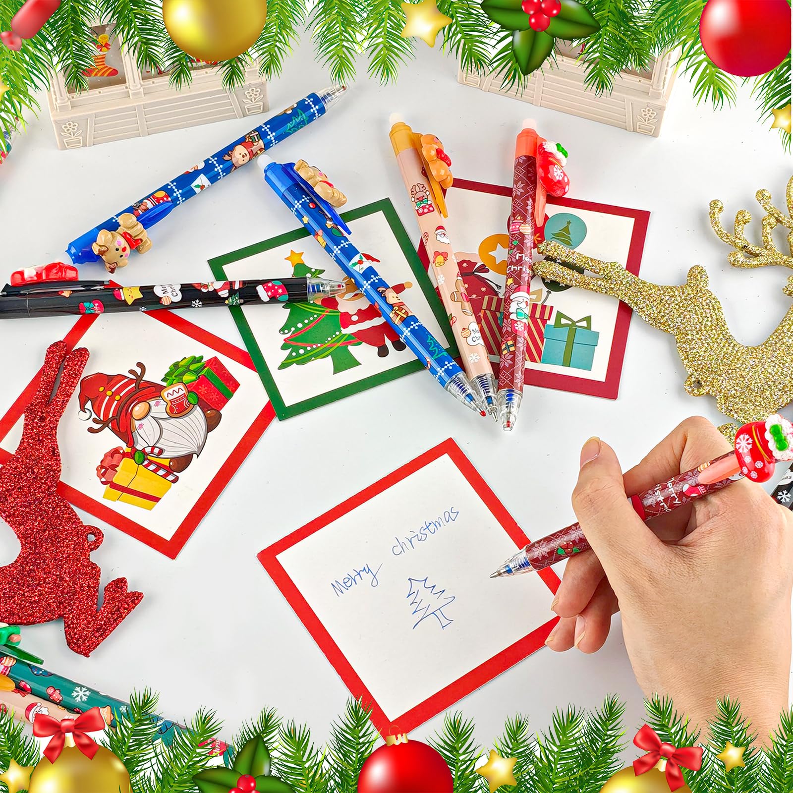 Set di penne natalizie - 12 penne gel cancellabili con motivo di animali, inchiostro blu, perfette per regali, scuola e ufficio
