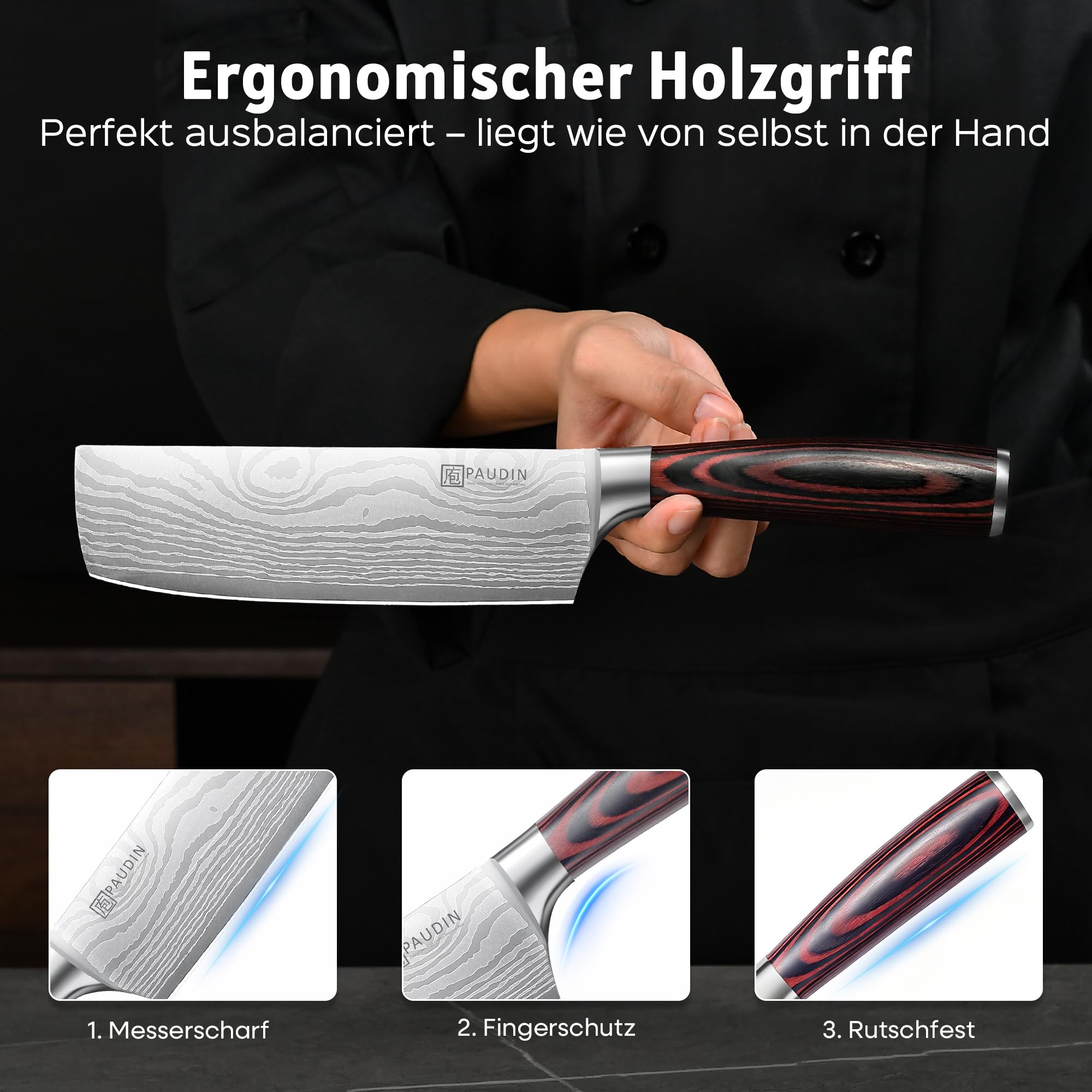 PAUDIN Japanisches Messer, Klingenlänge 17 cm Nariki Messer Hackmesser Kochmesser aus hochwertigem Edelstahl, asiatisches Mehrzweck Küchenmesser für Haus und Küche mit ergonomischem Griff