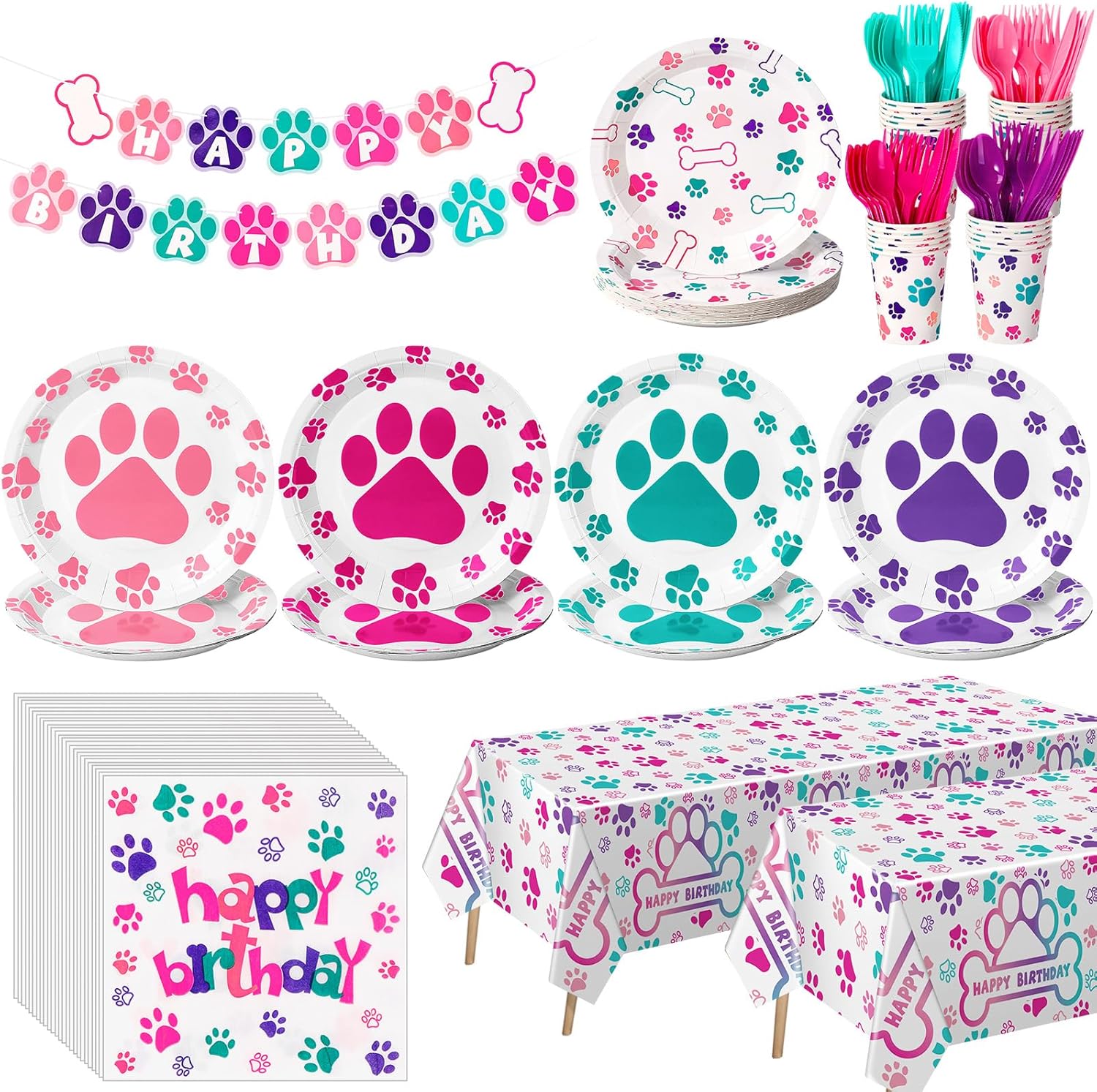 Gejoy 171 Pcs Dog Birthday Party Decorations Supplies Dog Paw Plates Banner Tablecloths Napkins Cups Knives Forks Spoons Doggy Puppy Party Decoration Serve 24 Guests(Cute Color)