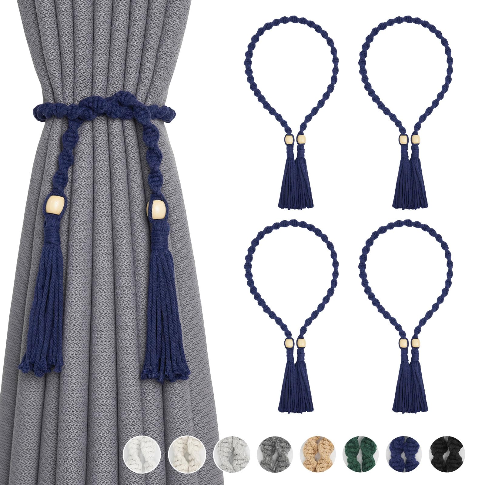 Pretty Jolly 4 Pack Natural Cotton Rope Curtain Tiebacks Boho Rustic Style Decorative Drape Tie Backs Spiral Braided Rope Curtain Holdbacks for Thin or Thick Home Office Window Draperies (Dark Blue)