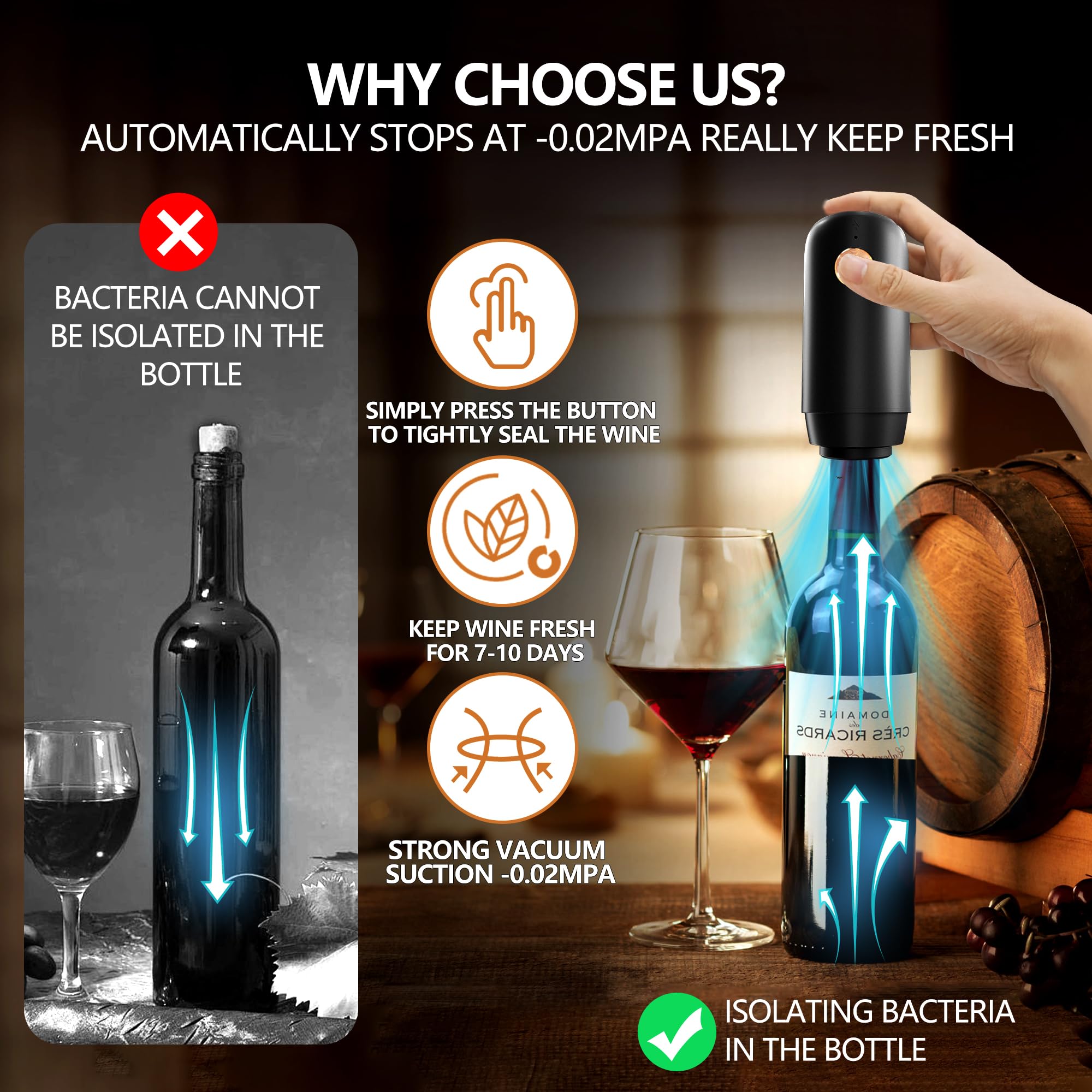 Bomba eléctrica de ahorro de vino con 4 tapones de vacío reutilizables, tapón automático de botella de aire de vino, sellador de botellas recargable mantiene el vino fresco, regalos para los