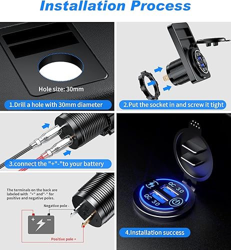 Miniatura 5 de Paquete de 2 enchufes de carga rápida 3.0 con cargador USB dual, toma de corriente USB impermeable de 36 W, carga rápida con interruptor táctil y