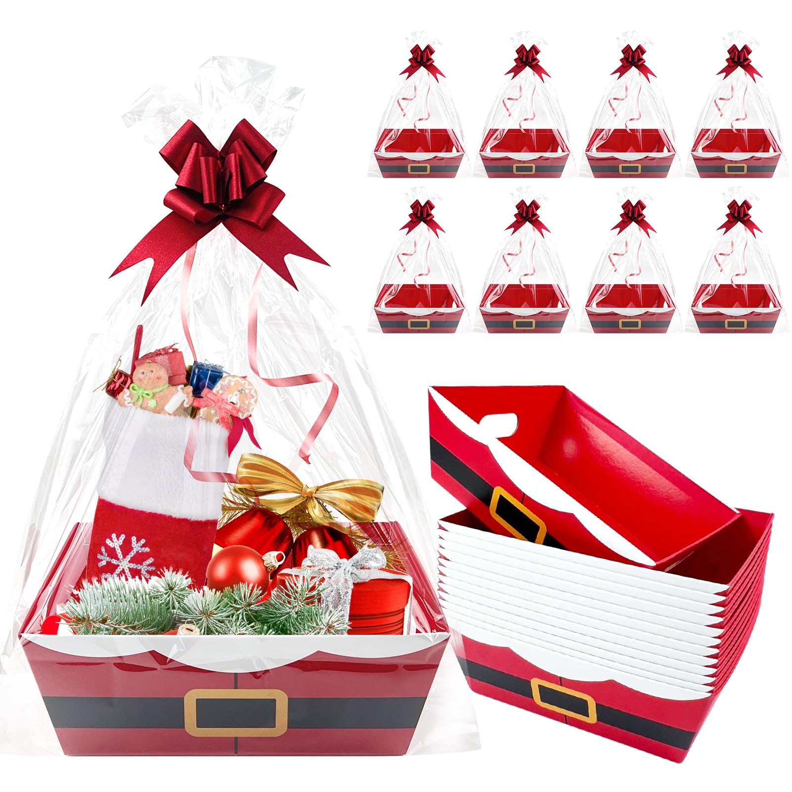 Weihnachtskörbe für Geschenke, leer, 21,6 x 25,4 cm, mit Weihnachtsschleifen, transparente Geschenktüten, roter Weihnachtsmanngürtel, leere Geschenkkörbe, Set zum Befüllen für Winter, Weihnachten,
