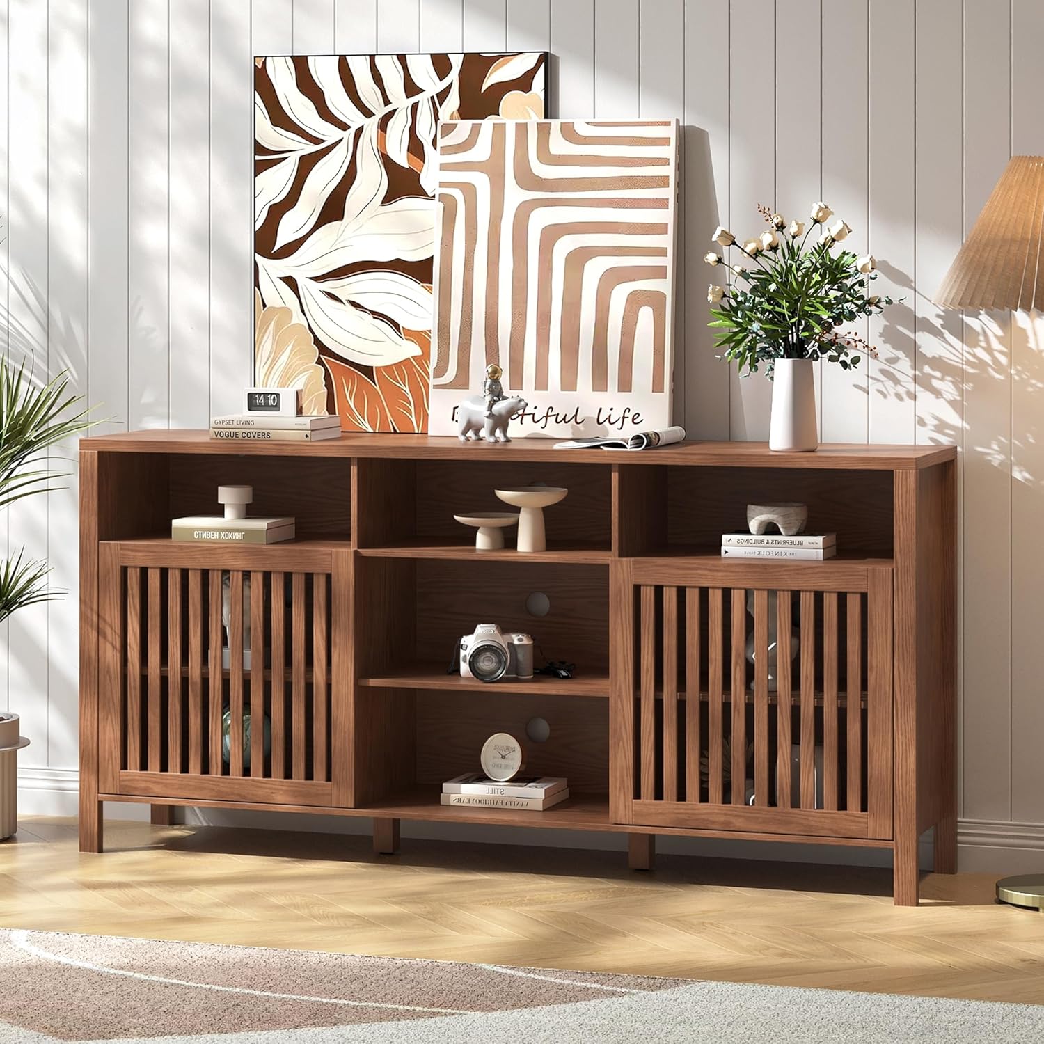 Farmhouse Brown TV Stand with Grille Doors, 5 Open Storage Compartments, 65" Media Console with Adjustable Shelves for Living Room