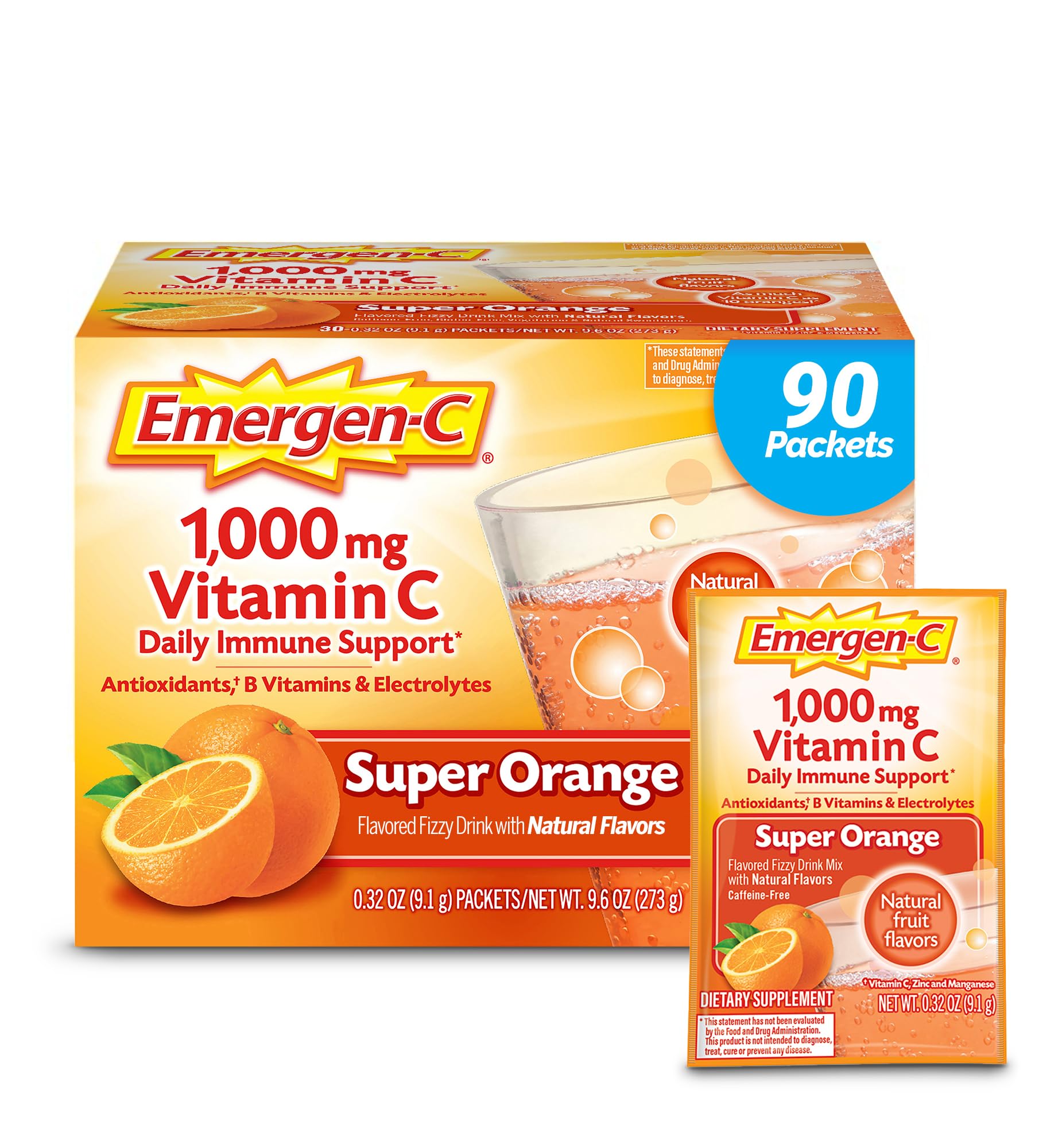 Emergen-C1000mg Vitamin C Immune Support Powder Super Orange 90CT includes Zinc, Manganese, 7 B Vitamins and Electrolytes for Back to School Essentials