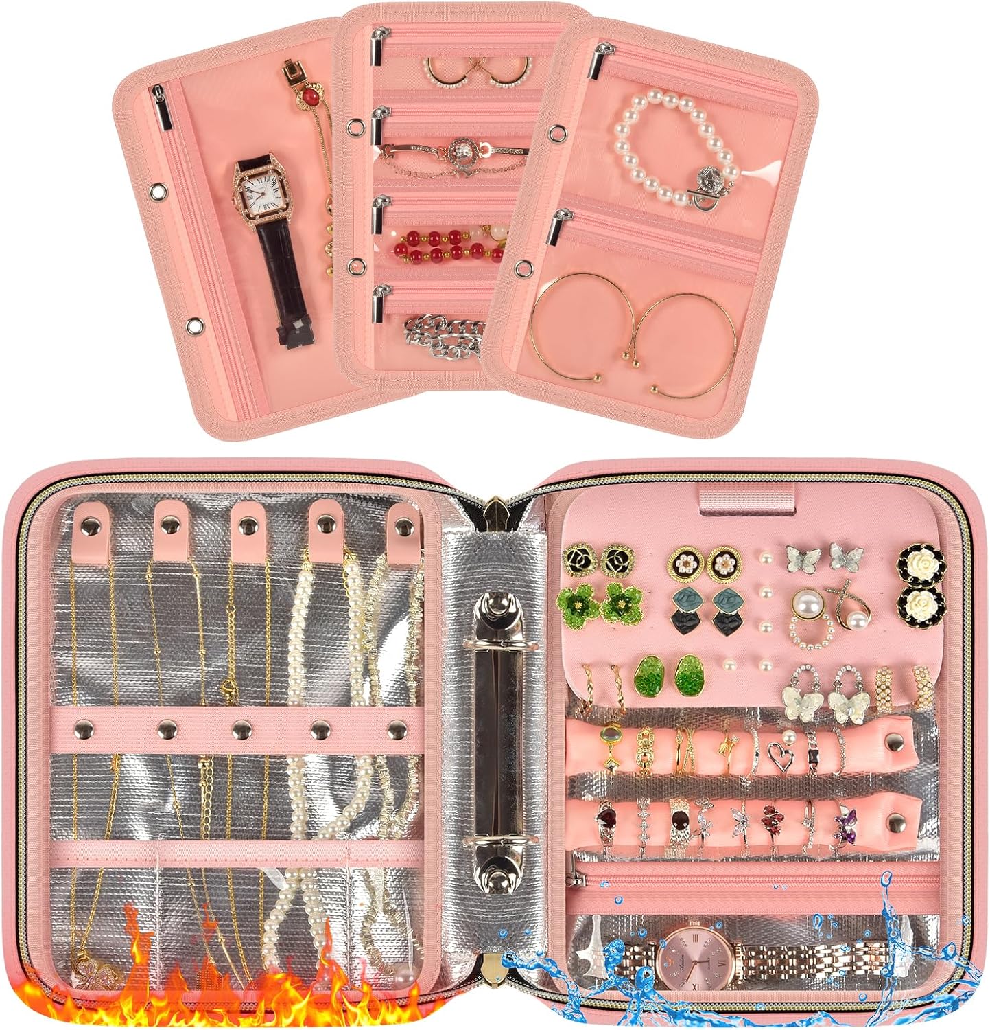Fireproof & Waterproof Travel Jewelry Organizers Storage, Jewelry Bag Case with 3pcs Adjustable PVC Loose-leaf for Necklaces, Rings, Earrings, Bracelets, Watches-Pink