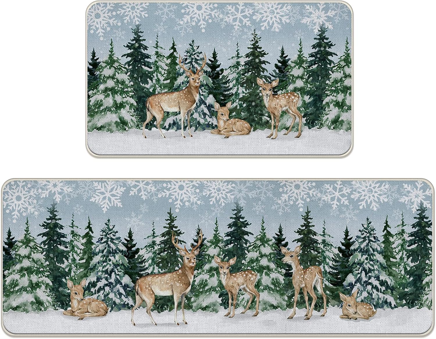 Winter Reindeer Pine Tree Kitchen Rugs Set of 2, Snowy Forest Snowflake Floor Mats Home Decor, Farmhouse Rustic Christmas Door Mat Decorations - 17x29 and 17x47 Inches