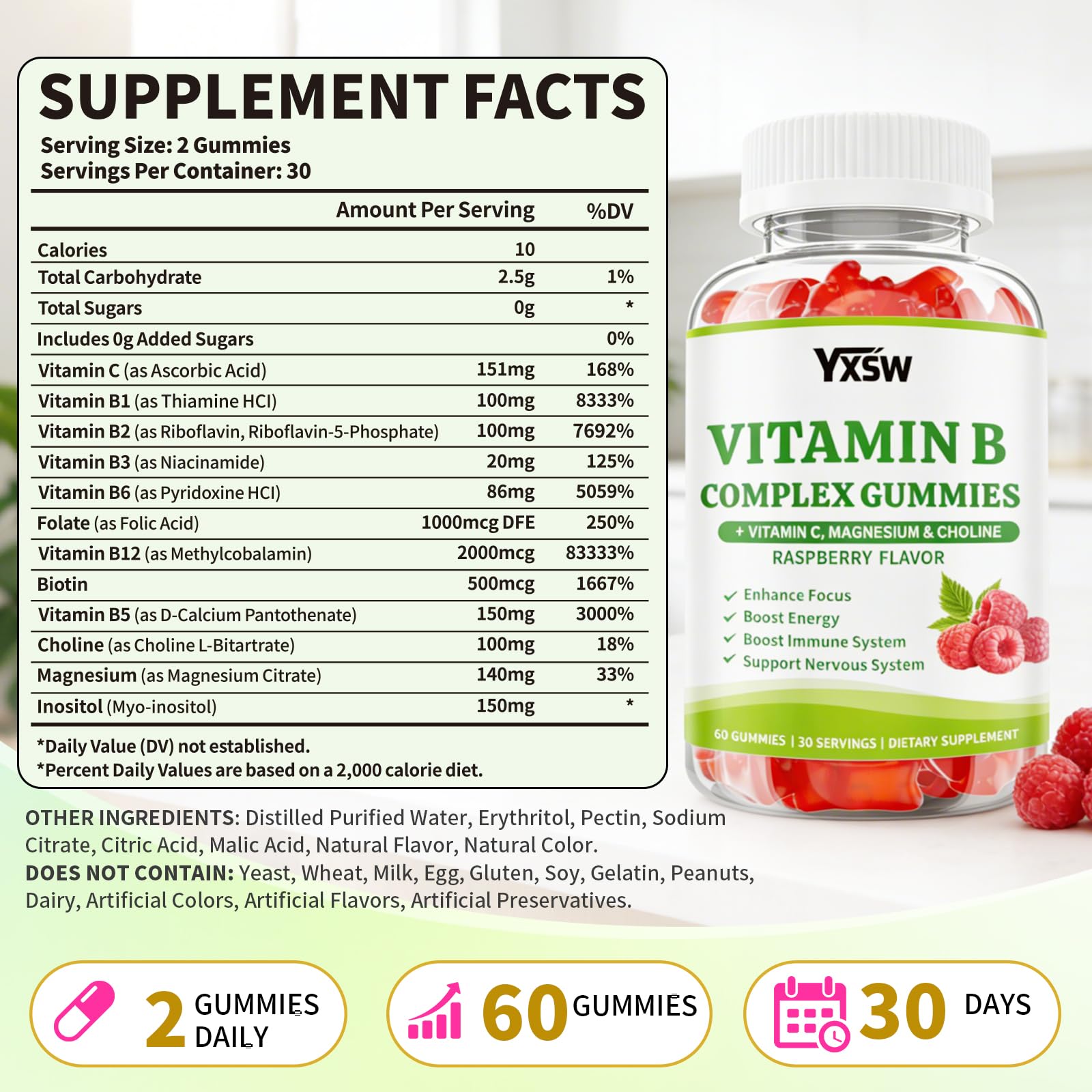 Vitamin B Complex Gummies for Women & Men - Vitamin B12, B1, B2, B3, B5 & B6 -B Complex Vitamin Supplements with Vitamin C,Magnesium & Choline, Raspberry Flavor, 120 Count — Amazon image 2