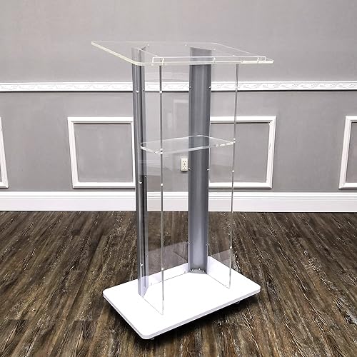 Miniatura 7 de FixtureDisplays Podio de plexiglás acrílico transparente curvado, lados de acero, iglesia, púlpito, escuela, atril, debate, funeraria, conferencia,