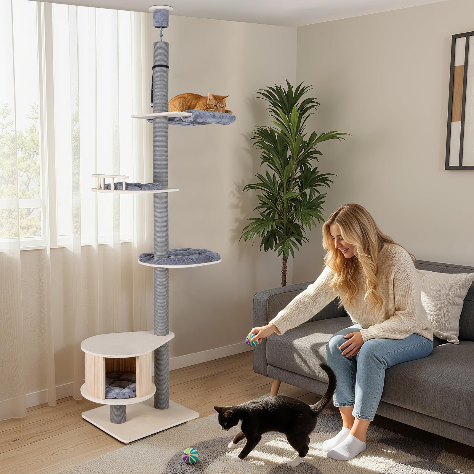 COSTWAY Árbol Rascador para Gatos de 236-271 cm Ajustable en Altura, Árbol para Gatos de Suelo a Techo con Percha, Condominio, Postes Rascado, Plataformas y Cojines, Torre Gato Alta de 5 Niveles, Gris