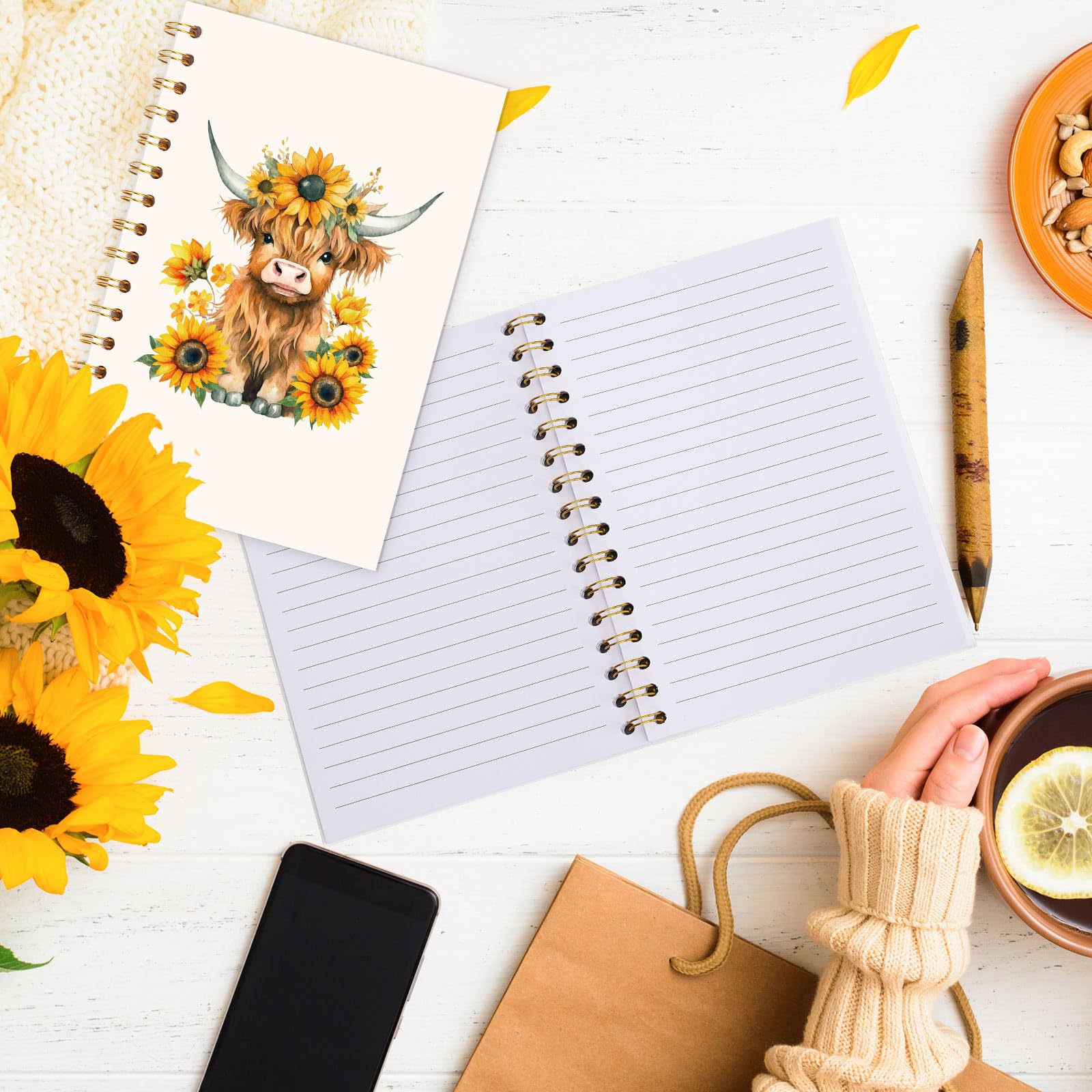 JarThenaAMCS Hochlandkuh, A5, Spiralnotizbücher, Frühlingskuh, Sonnenblume, College-Notizbuch, starke Doppeldrahtbindung mit Premium-Papier, für Schule, Klassenzimmer, Büro, 2 Stück