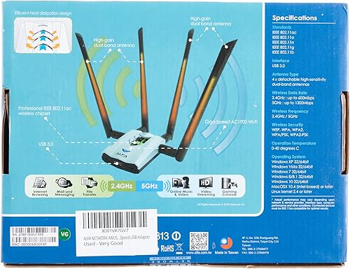 Miniatura 11 de ALFA AC1900 Adaptador WiFi – 1900 Mbps 802.11ac Adaptador de red Wi-Fi USB 3.0 de largo alcance de largo alcance con 4 antenas externas de doble